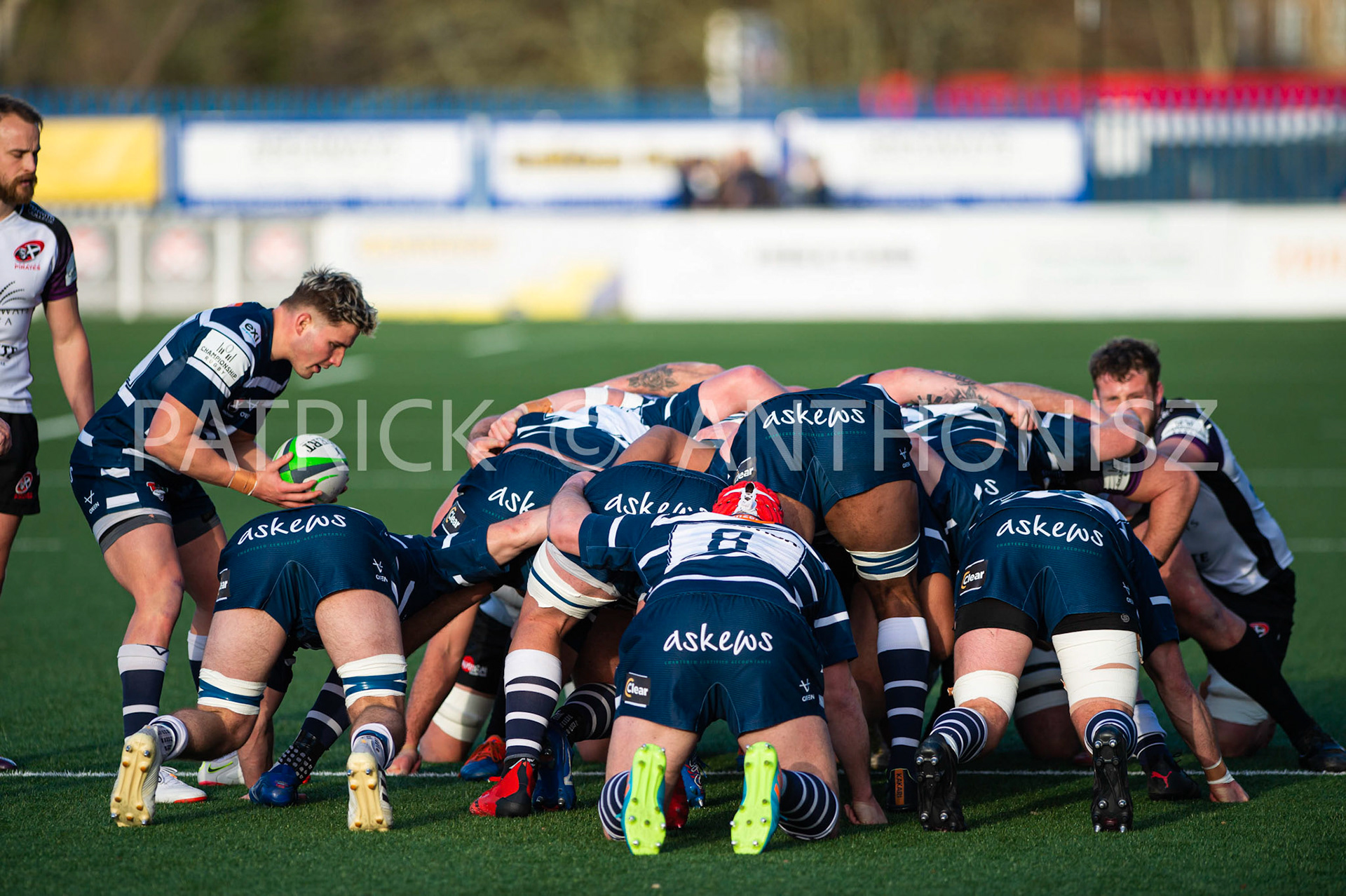 BUTTS PARK ARENA Coventry ,England 29th of January 2022 :  JOSH BARTON of coventry is seen during a scrum at the Greene King IPA Championship  match  between Coventry Rugby Vs Cornish Pirates  at Butts Park Arena Coventry UK .Final score: Coventry Rugby 21 : 31Cornish Pirates