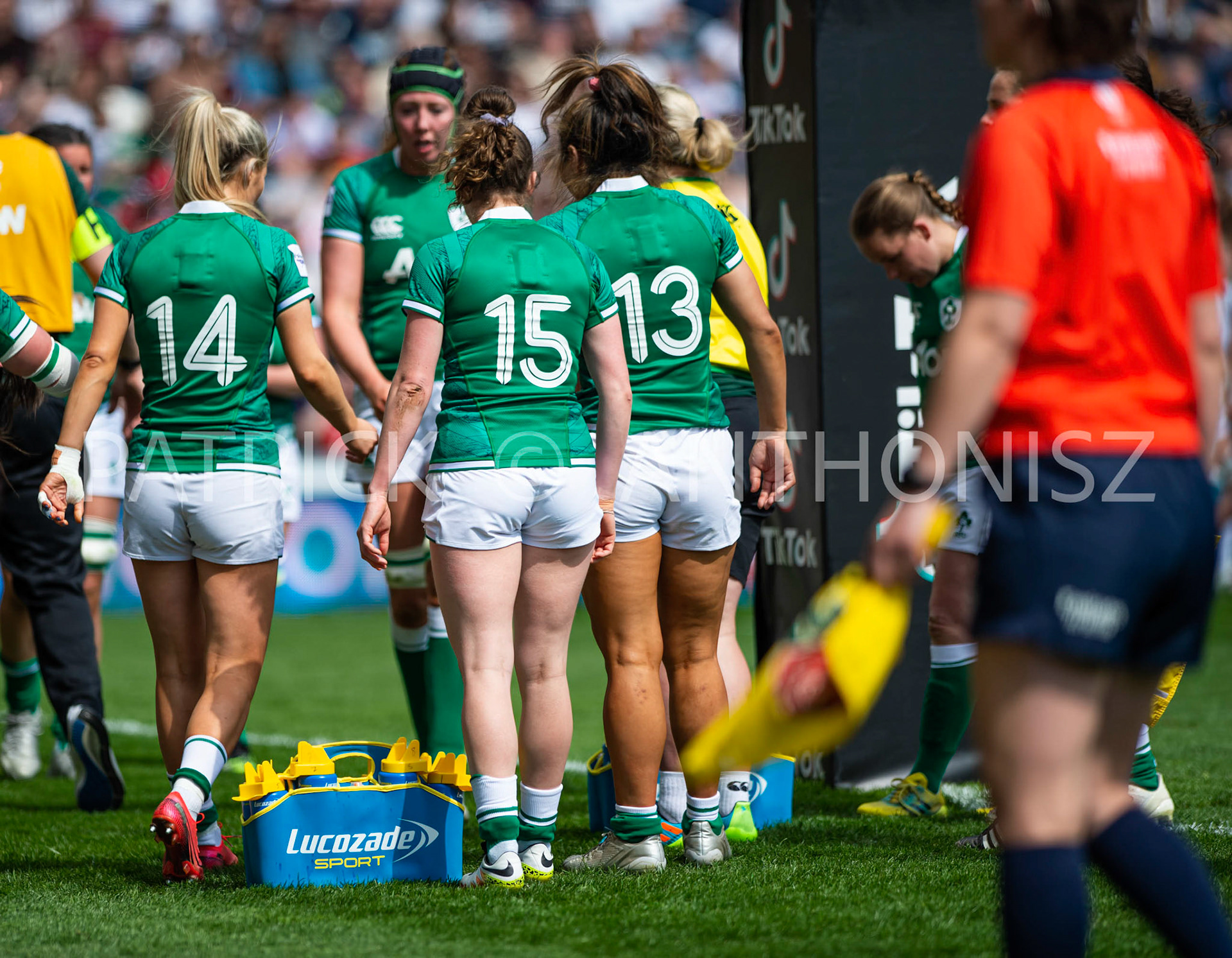24th - April  2022 : no13 Sene Naoupu Ireland no15 Molly Scuffil-McCabe Ireland no14 Aoife Doyle Ireland is takind a drink during the England Vs Ireland round 4    TikTok Women's Six Nations at  Mattioli  Woods Welford Road.