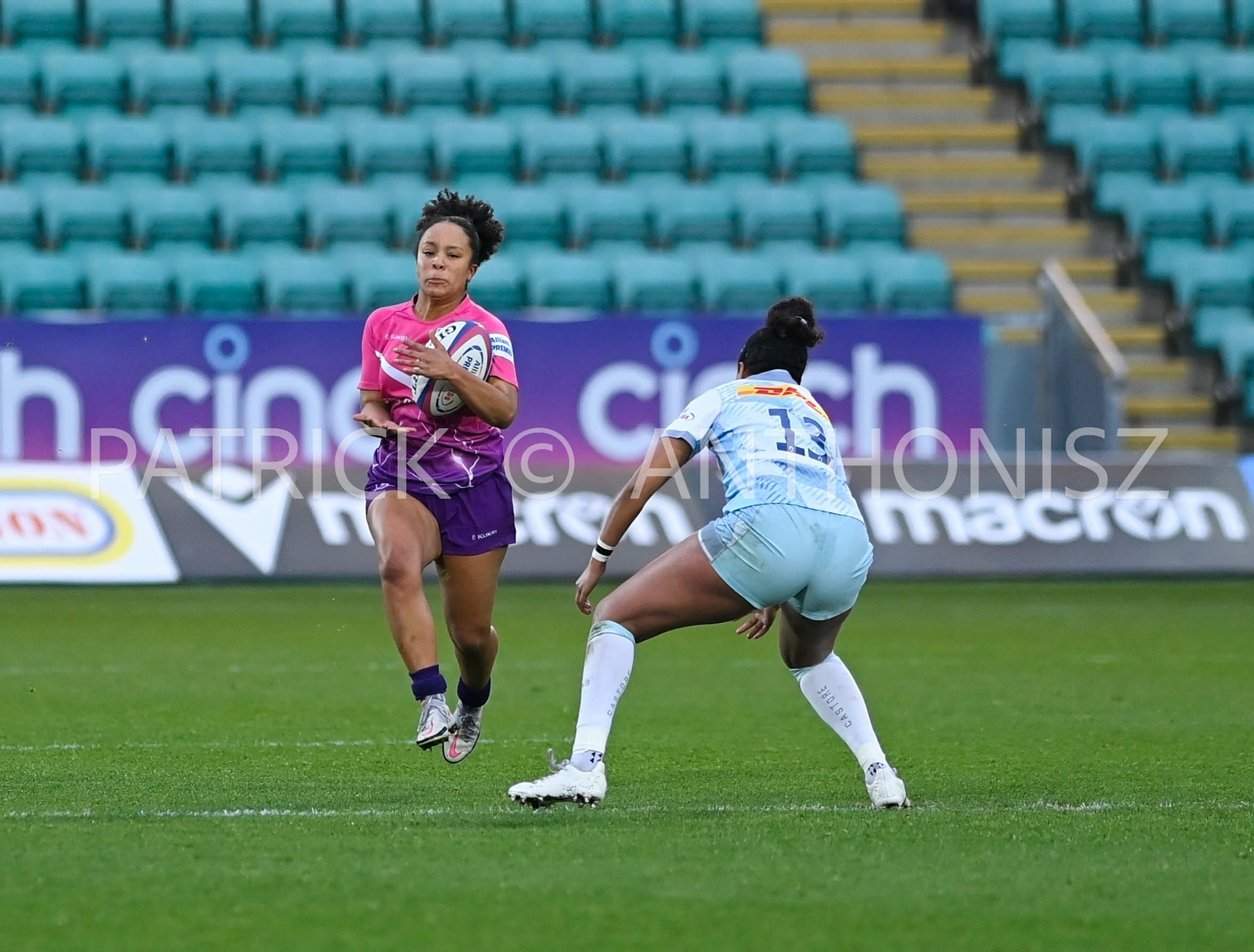 NORTHAMPTON, ENGLAND- Nov -27 - 2022 : Detysha Harper tries to get away from Lagi Tuima  during the match between Loughborough Lightning Vs Harlequins at Franklin's Gardens on November 27, 2022 in Northampton, England