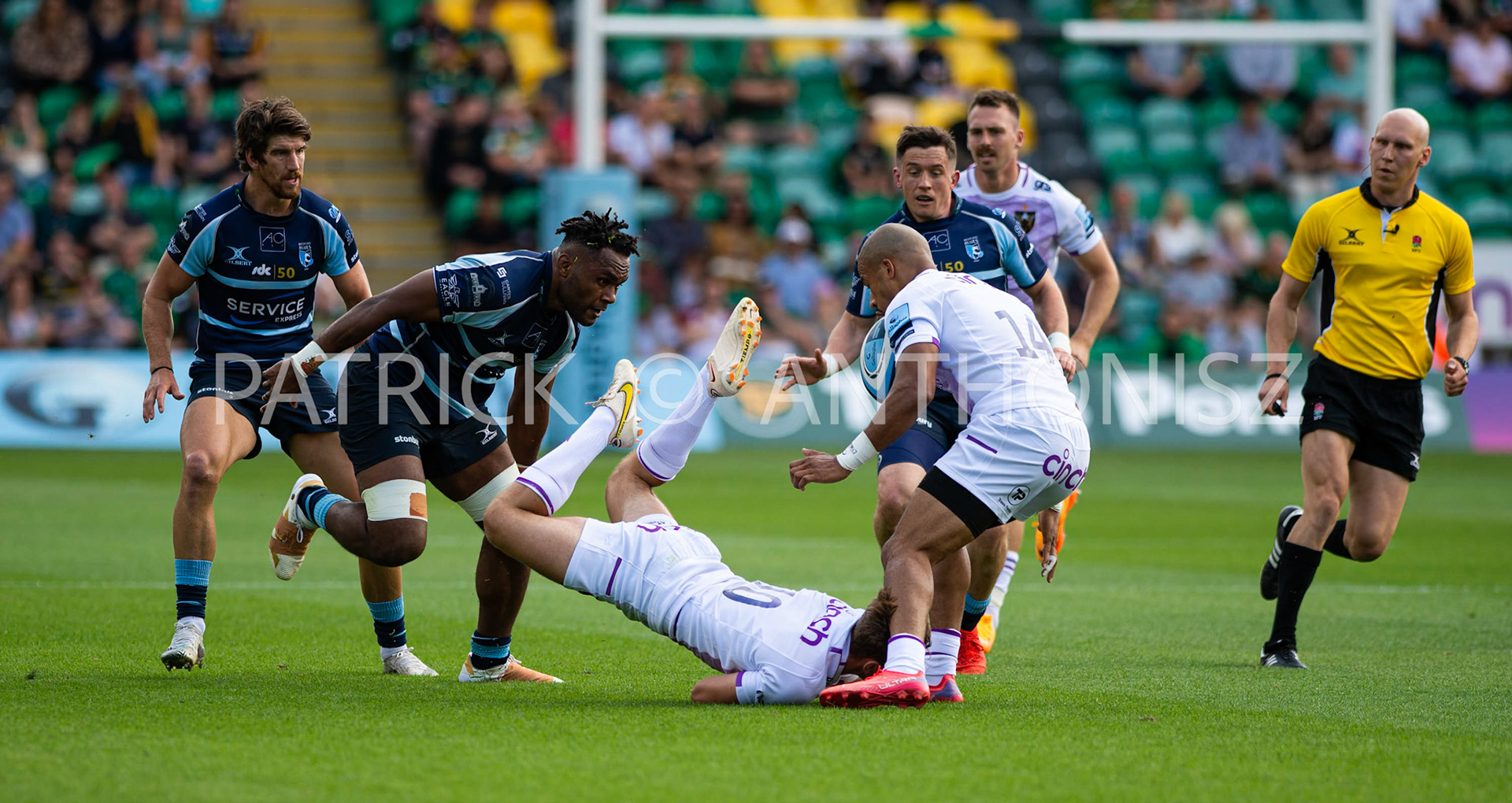 NORTHAMPTON, ENGLAND - August 27 : 2022  Matty Arden of northampton saints on the ground during the match between Northampton Saints and Bedford Blues  at Franklin's Gardens on August 27  2022 in Northampton, England.