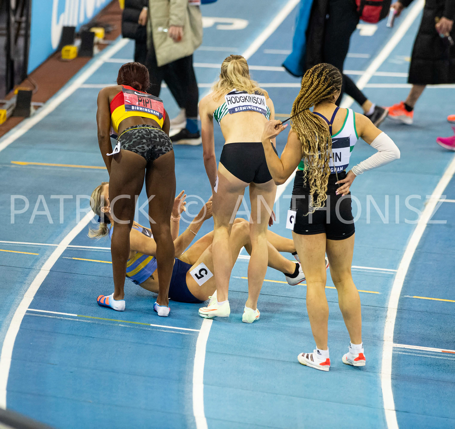 Saturday 27 February : No 5 Jessie Knight WSE HOUNSLOW is congratulated by Keely Hodgkinson LEIGH H  and Ama Pipi  ENFIELD &amp; HARINGEY H  in the  UK Athletics Indoor Championships and World Trials  Birmingham at the Utilita Arena Birmingham Day 2
