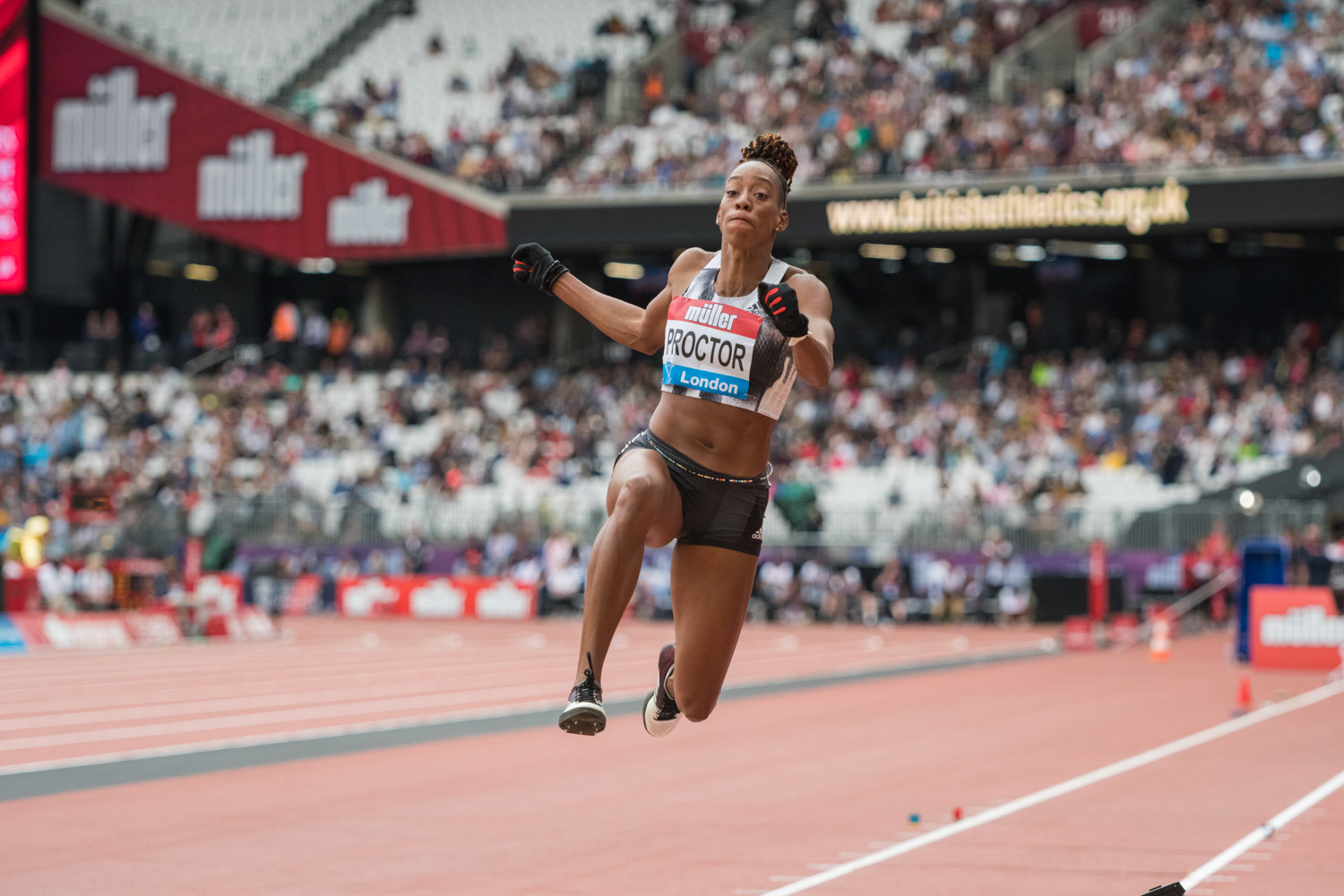 LONDON, ENGLAND - JULY 21: Shara  Proctor of GBR competes in the Women's Long Jump during Day Two  Muller Anniversary Games IAAF Diamond League  at the London Stadium on July 21, 2019 in London, England.