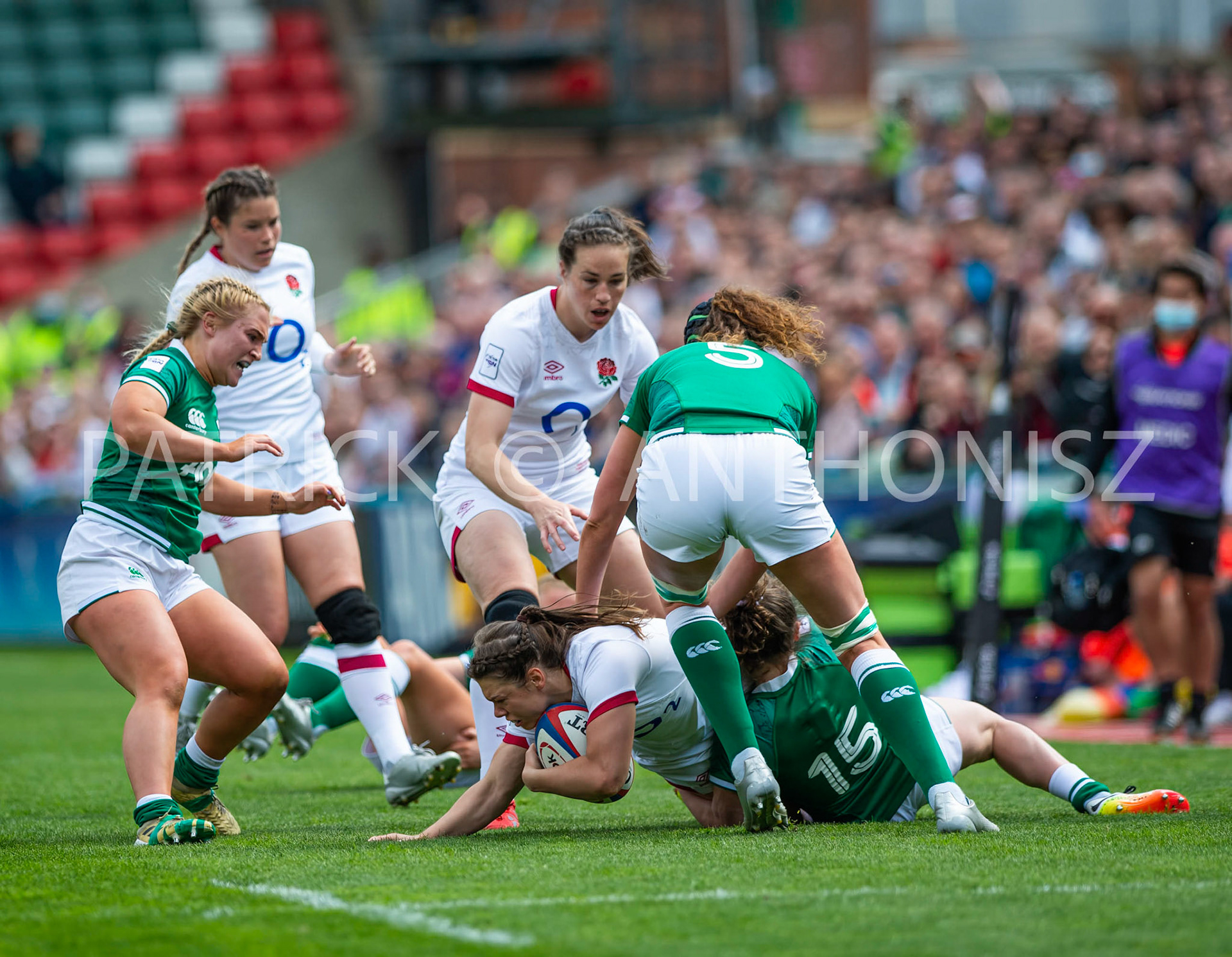 24th - April  2022 : Helena Rowland England  is brought down by no 15 Molly Scuffil-McCabe Ireland during the England Vs Ireland round 4    TikTok Women's Six Nations at  Mattioli  Woods Welford Road.