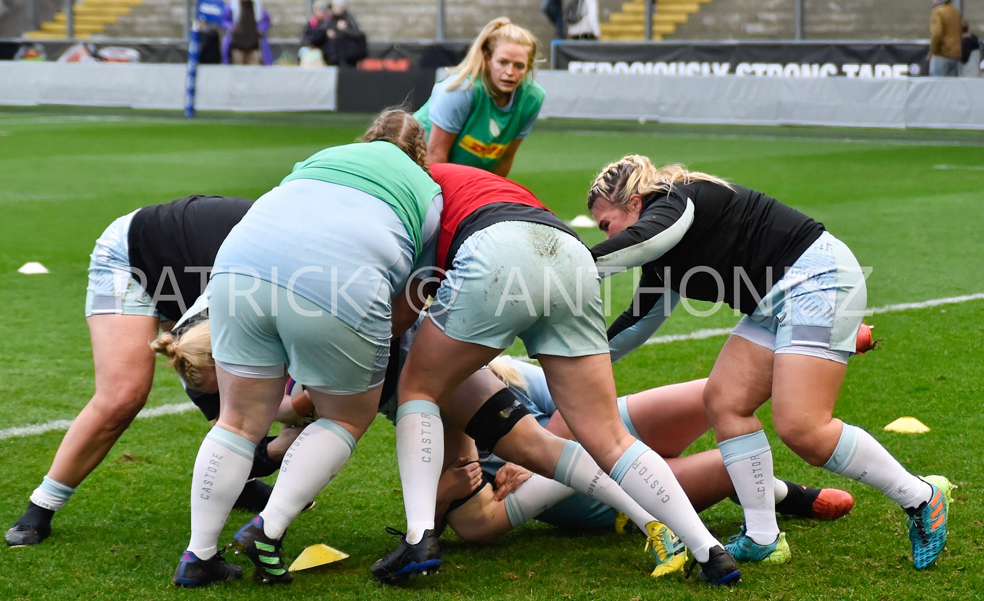 NORTHAMPTON, ENGLAND- Nov -27 - 2022 :  Harlequins Women during warming up  during the match between Loughborough Lightning Vs Harlequins at Franklin's Gardens on November 27, 2022 in Northampton, England