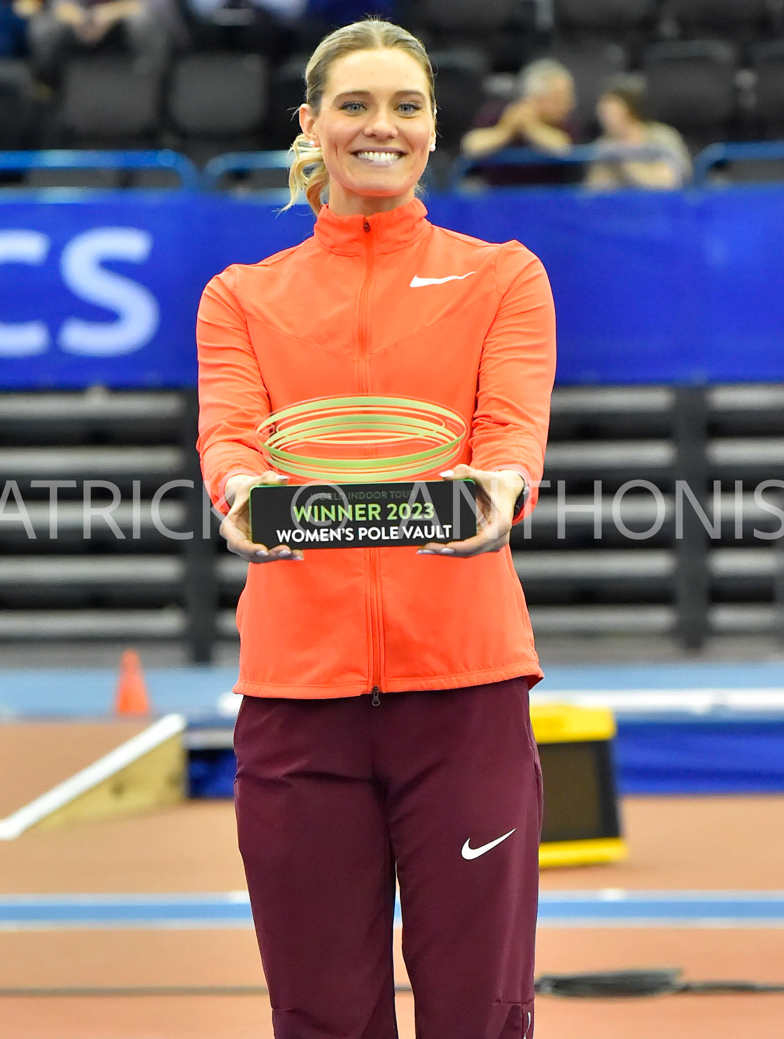 Birmingham, UK, 25 February 2023: Alysha Newman  with her trophy for winning the women's pole vault series during the athletics World Indoor Tour Final 2023 Birmingham World Indoor Gold Tour Final  Utilita Arena, Birmingham on the 25 February , England