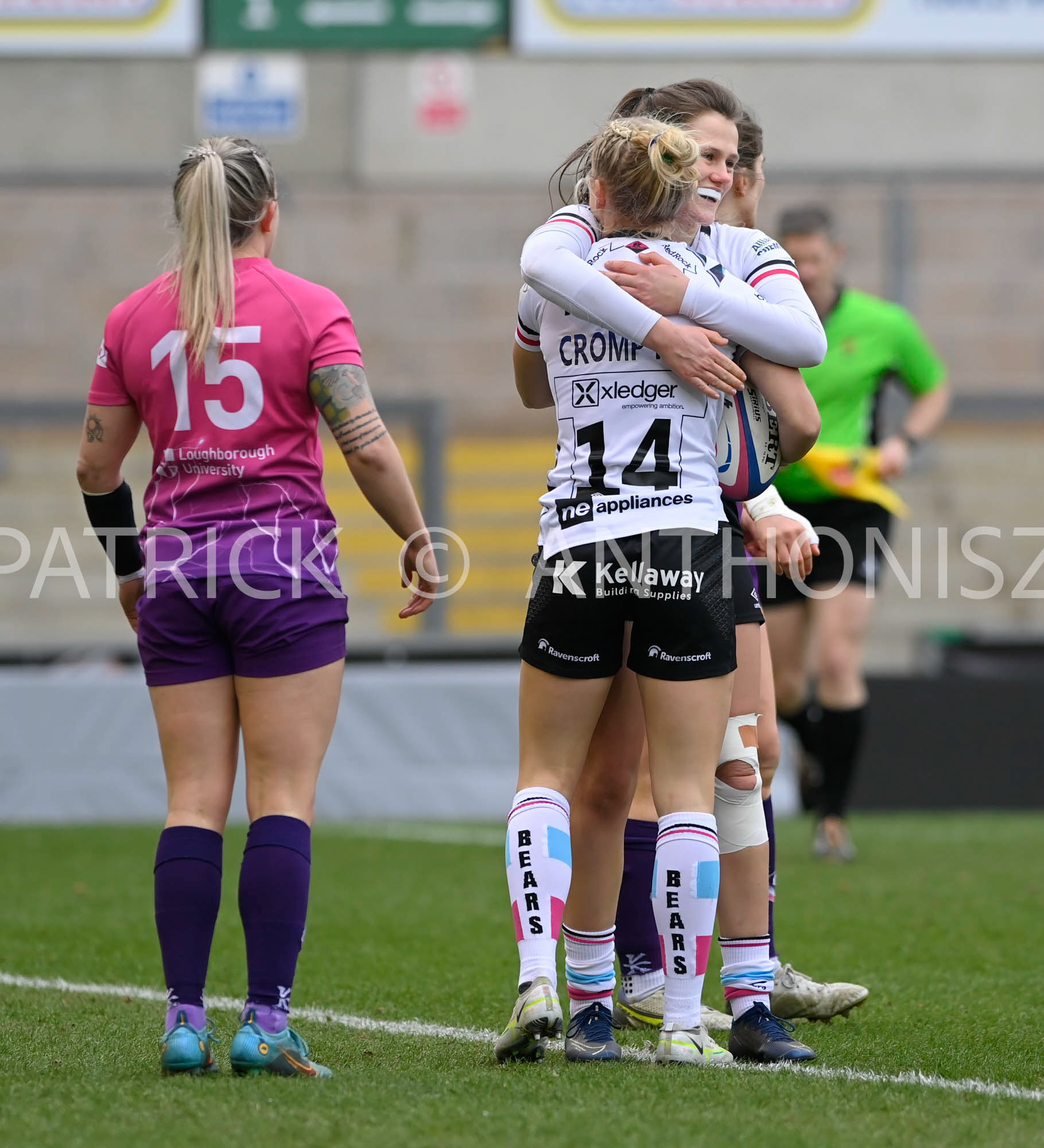 NORTHAMPTON, ENGLAND- Sat-4-2023: Grace Crompton of Bristol Bears celebrate after a try she scored  during the match between  Loughborough Lightning and Bristol Bears at Franklin's Gardens on Sat-4-2023 in Northampton, England