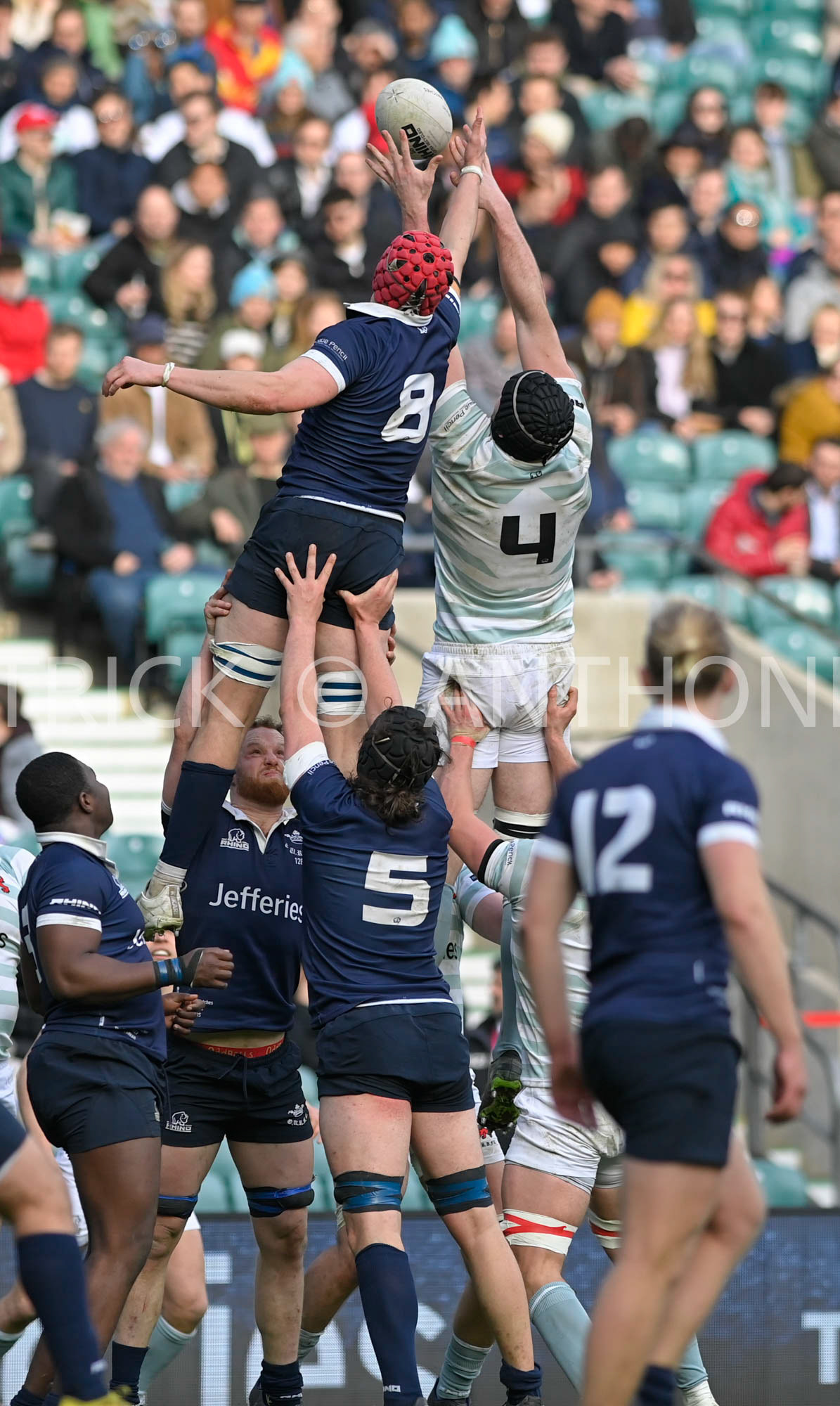 LONDON, ENGLAND March 25: Byron Hodge (Wolfson) of Cambridge  and Piers Von Dadelszen (St Edmund Hall) of Oxford goes for the ball during the Oxford University vs Cambridge University Men's Varsity match at Twickenham Stadium on Saturday March 25-2023 in London, England.