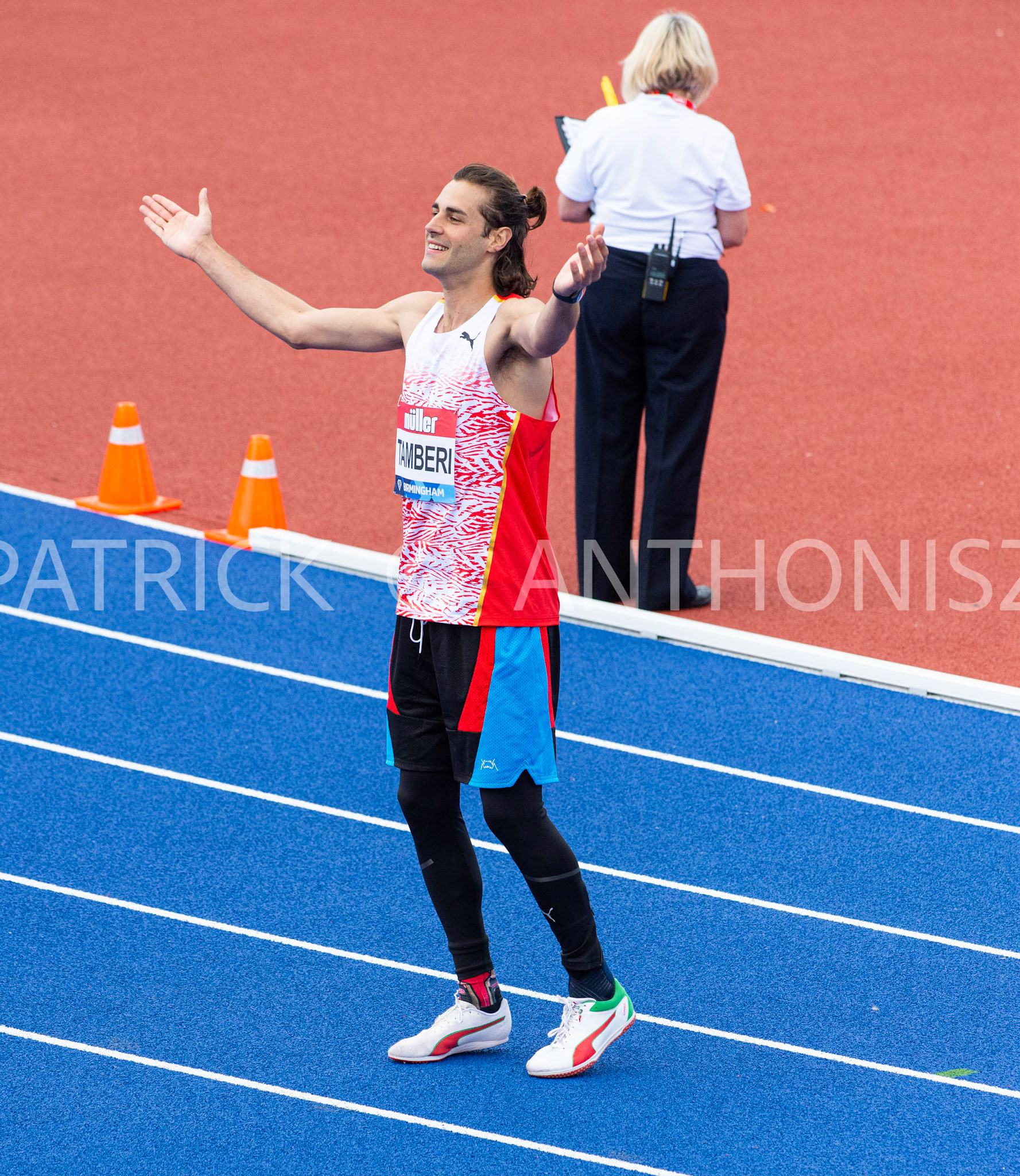21-MAY-2022  Gianmarco  Tamberi  trying to win the crowd  the at the Muller Birmingham  Diamond League   Alexander Stadium,  Perry Barr, Birmingham