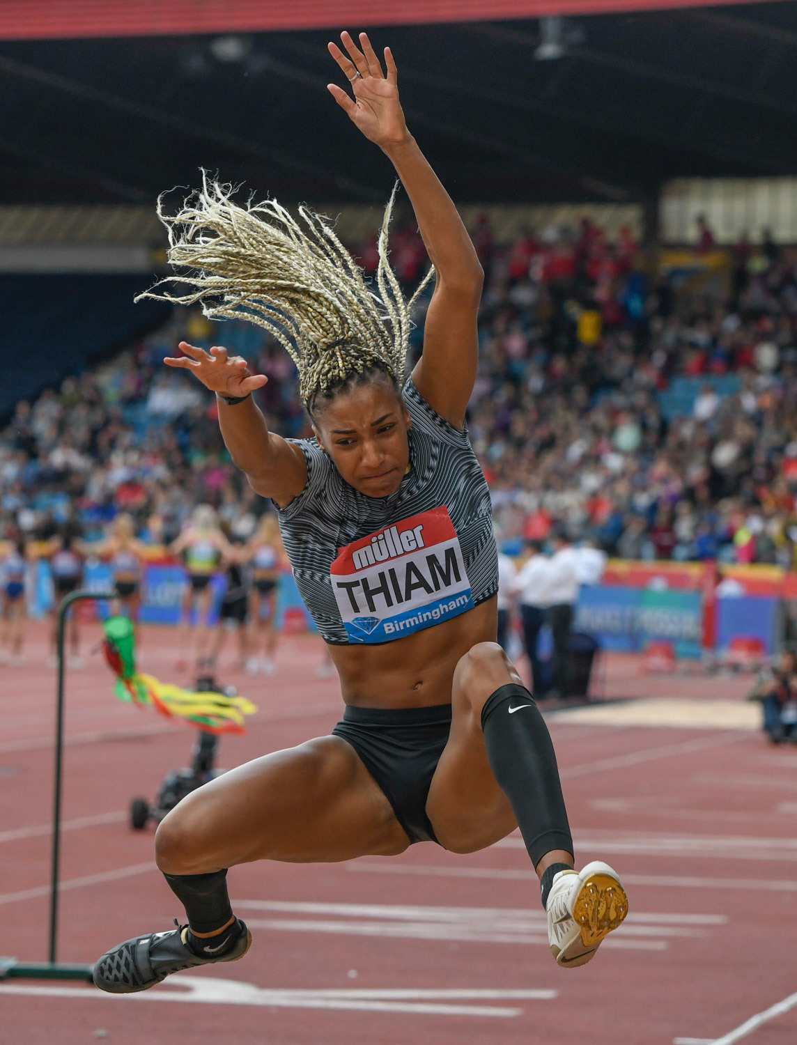 Birmingham. UK.. 18 August 2019.  Nafissatou Thiam (BEL)  in  action in the womens  long jump at the Muller Grand Prix. IAAF Diamond League athletics. Alexander stadium. Birmingham