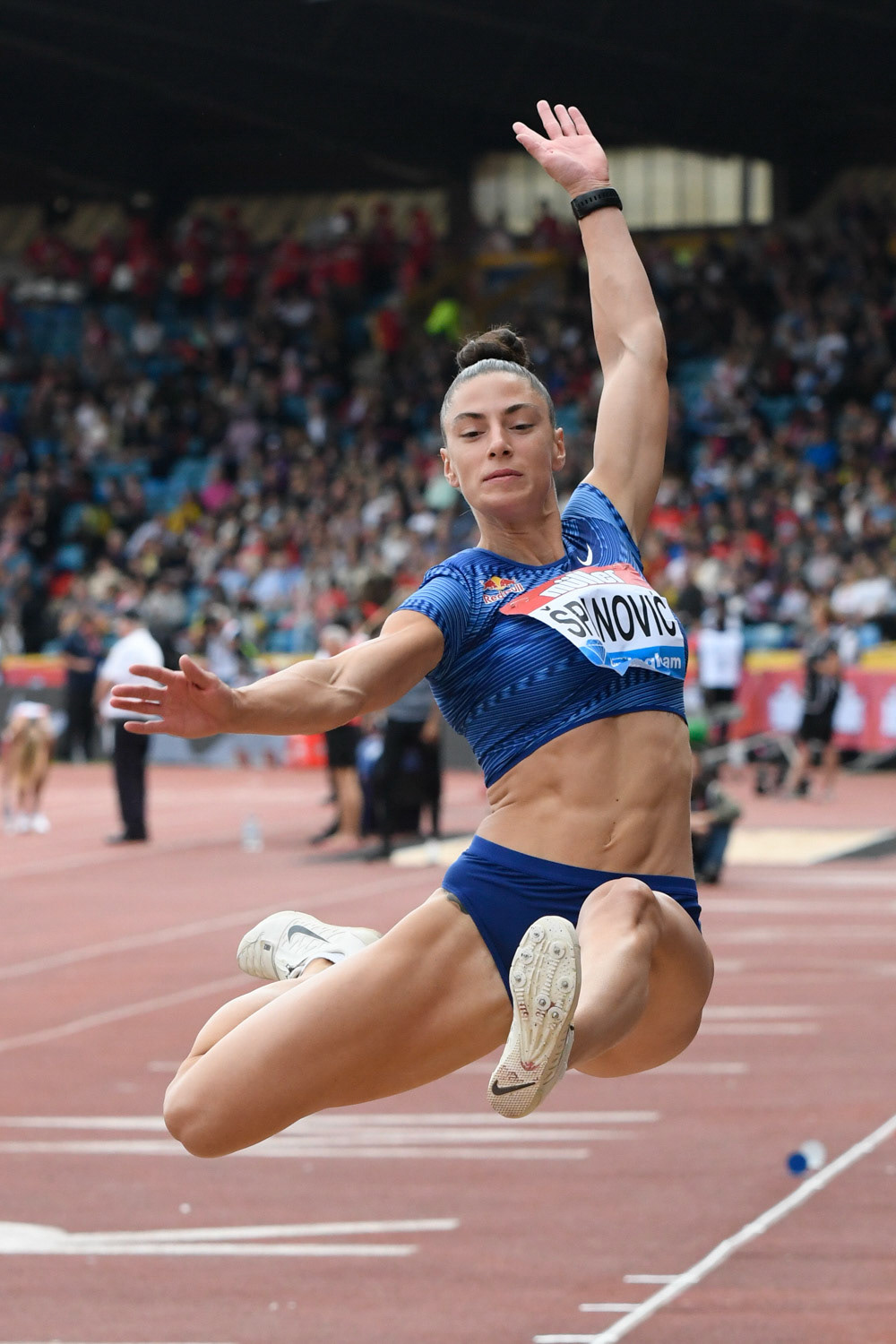 Birmingham. UK.. 18 August 2019. Ivana Spanovic (SRB)  in  action in the womens long jump at the   Muller Grand Prix. IAAF Diamond League athletics. Alexander stadium. Birmingham