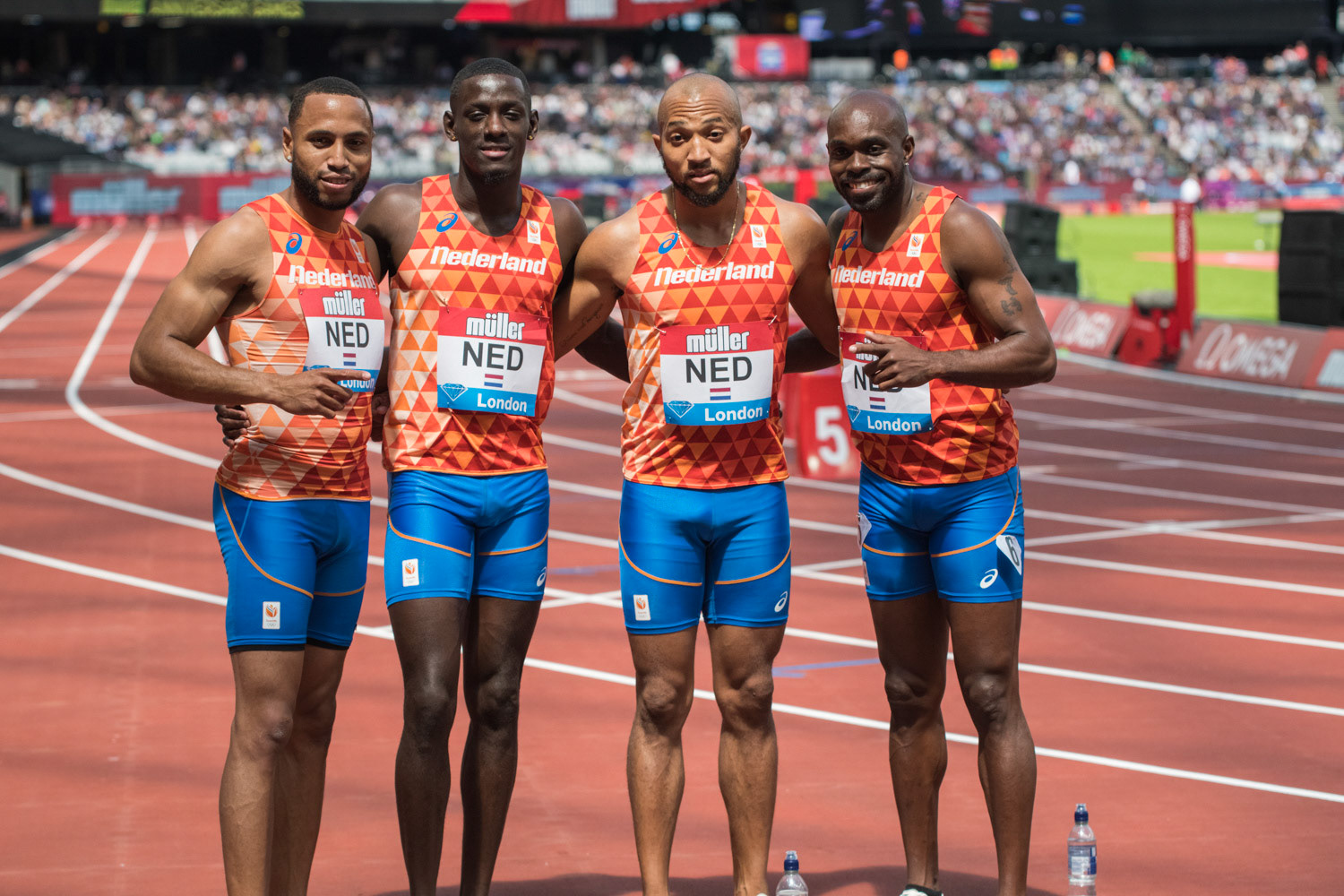 LONDON, ENGLAND - JULY 21: The Netherlands team pose  after winning a silver medal in the 4x100m Relay Final during Day Two the Muller Anniversary Games IAAF Diamond League  at the London Stadium on July 21, 2019 in London, England