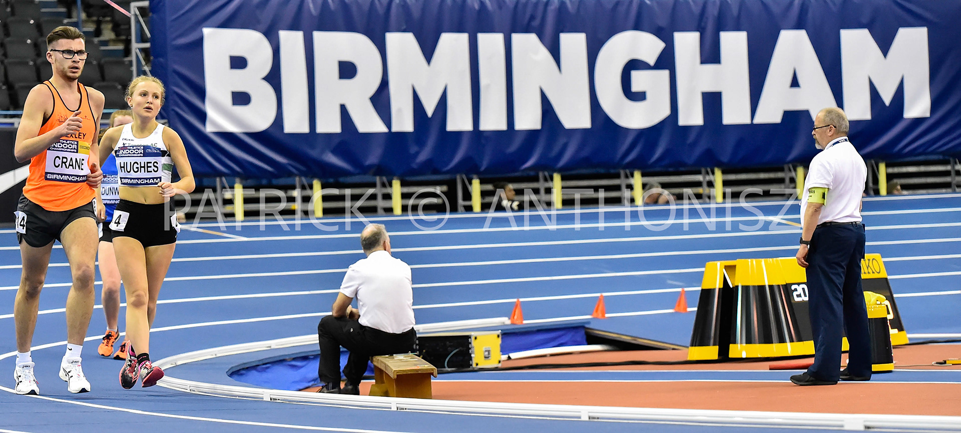 BIRMINGHAM, ENGLAND - FEBRUARY 19: CRANE Matthew and Abby HUGHES during day 2 3000 m mans and Womens Walk at the UK Athletics Indoor Championships at the Utilita Arena, Birmingham , England