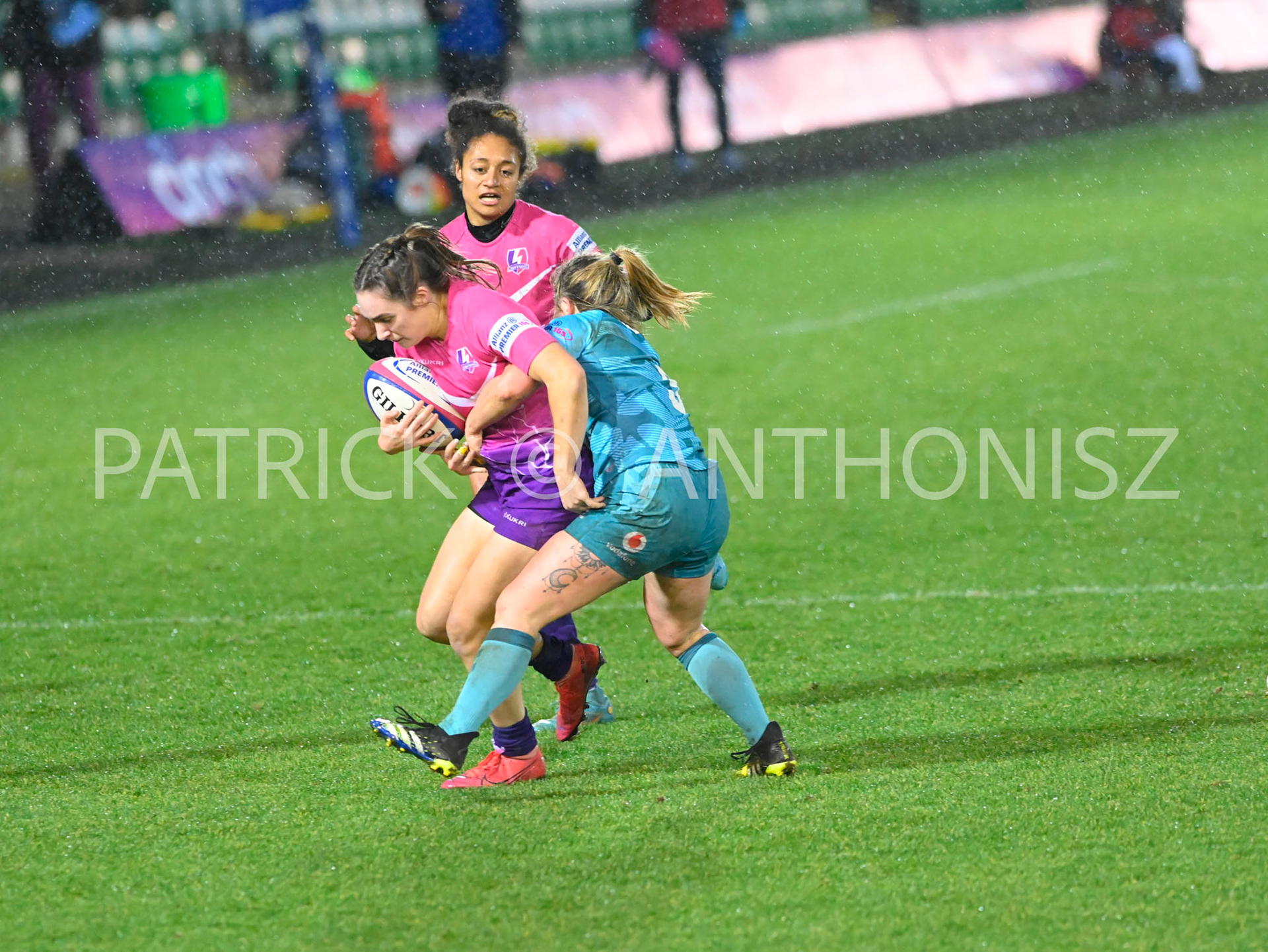 NORTHAMPTON, ENGLAND : Bo Westcombe-Evans of Loughborough Lightning  is brought down by Polly Roberts of Wasps  during Women's Allianz Premiership 15's match between Loughborough Lightning and  Wasps at Franklin's Gardens on  Sunday January  8 2023 in Northampton, England