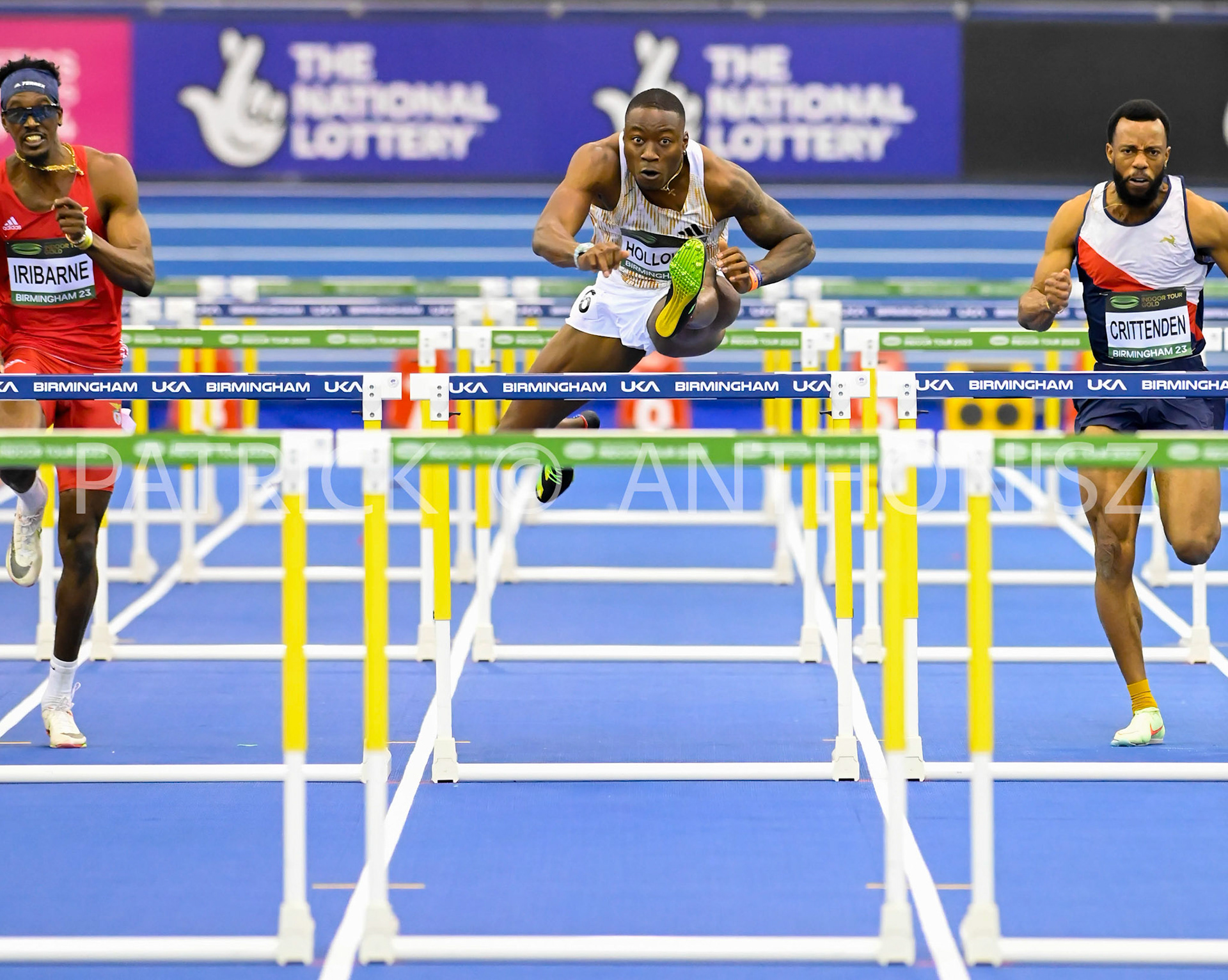 Birmingham, UK, 25 February 2023: HOLLOWAY Grant USA wins Men's 60 m Hurdles in 7.35 Birmingham World Indoor Gold Tour Final  Utilita Arena, Birmingham on the 25 February , England