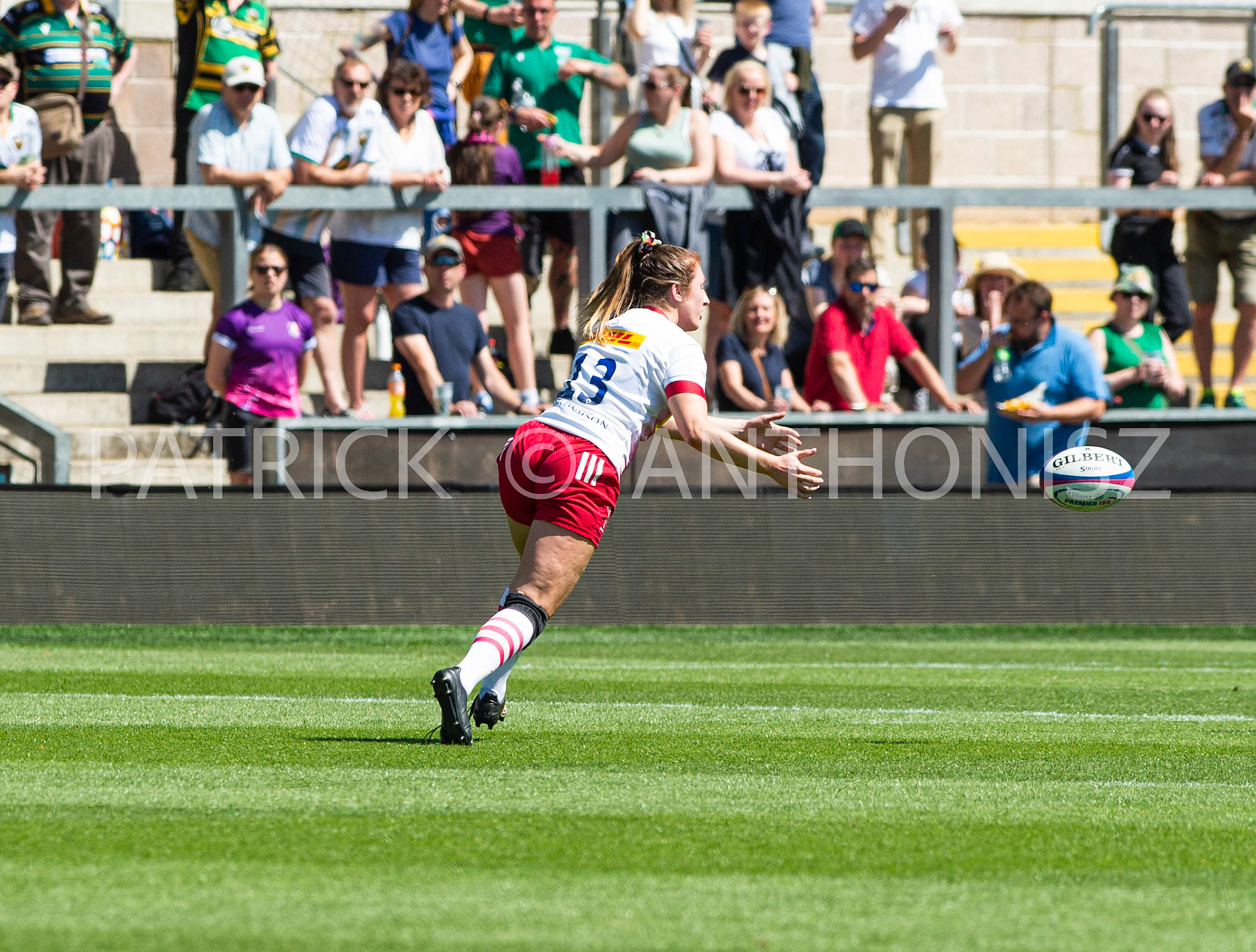 Northampton -14–May-2022. Izzy Mayhew of Harlequins tries to get the ball during the  Loughborough Lightning Vs Harlequins Womens match at cinch Stadium Franklin's Gardens Northampton  .