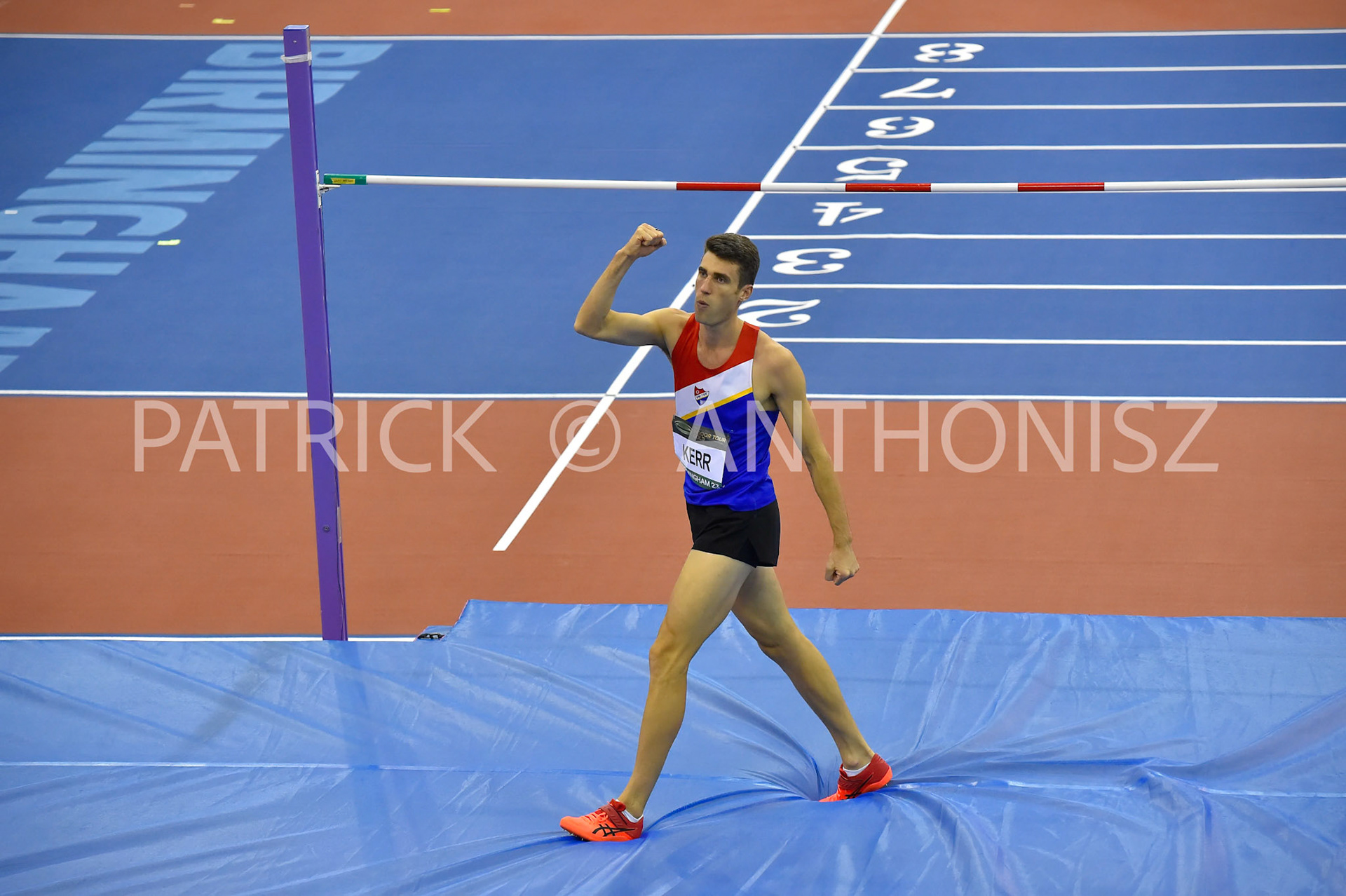 Birmingham, UK, 25 February 2023: KERR Hamish NZL wins the  Men's High  Jump with  2.28 m Birmingham World Indoor Gold Tour Final  Utilita Arena, Birmingham on the 25 February , England