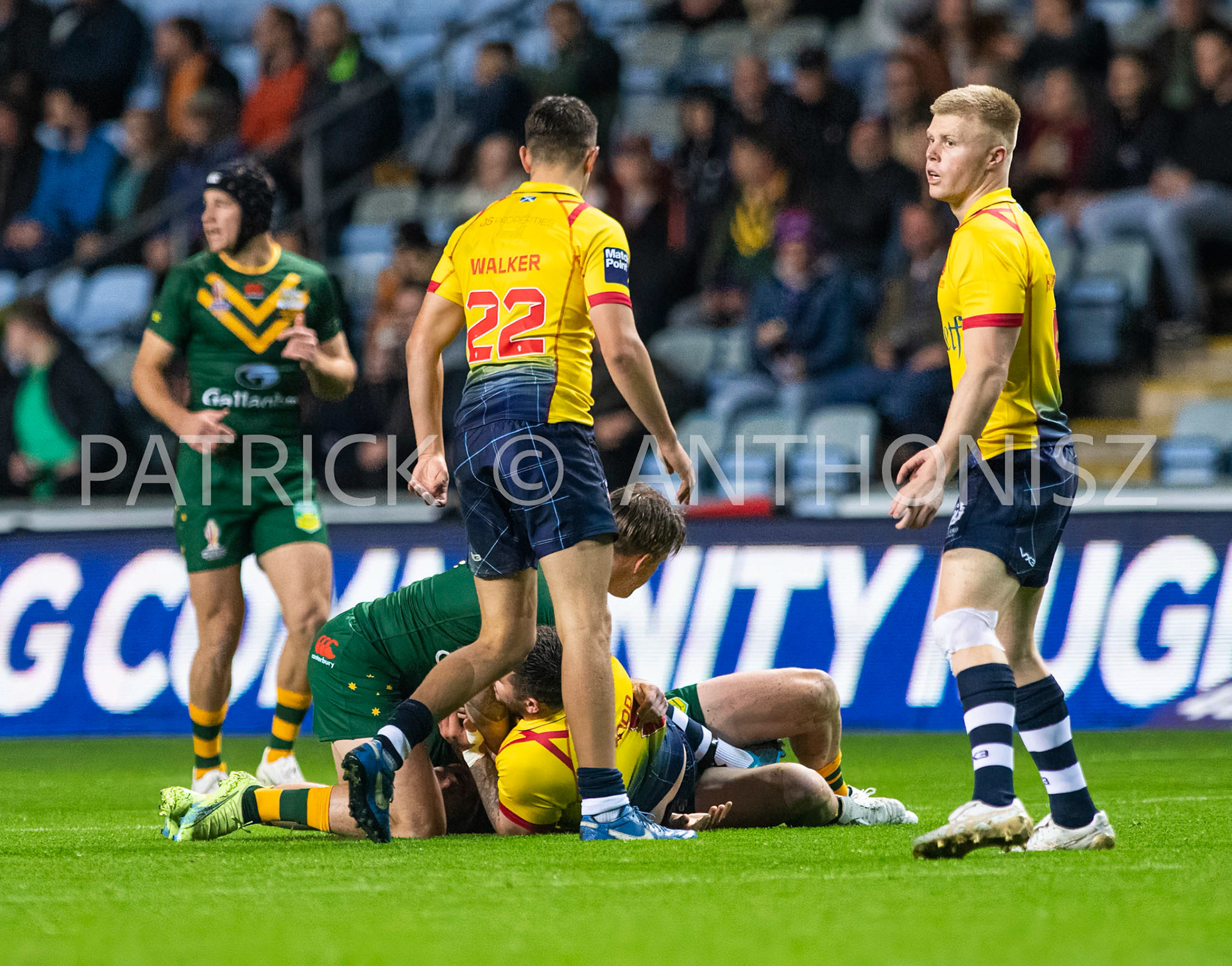 Coventry England  21st October: Match action  during the Rugby League World Cup 2021 between Australia Vs Scotland  at  Coventry Building Society Arena on 21st October 2022 Australia 84: Scotland 0
