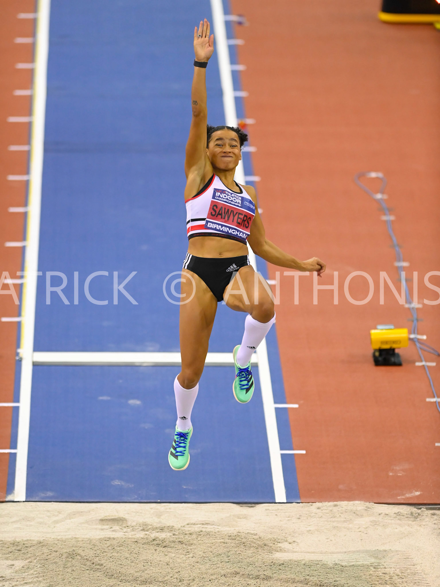 BIRMINGHAM, ENGLAND - FEBRUARY 19: JASMIN SAWERS in action during the long jump day 2 of the UK Athletics Indoor Championships at the Utilita Arena, Birmingham , England