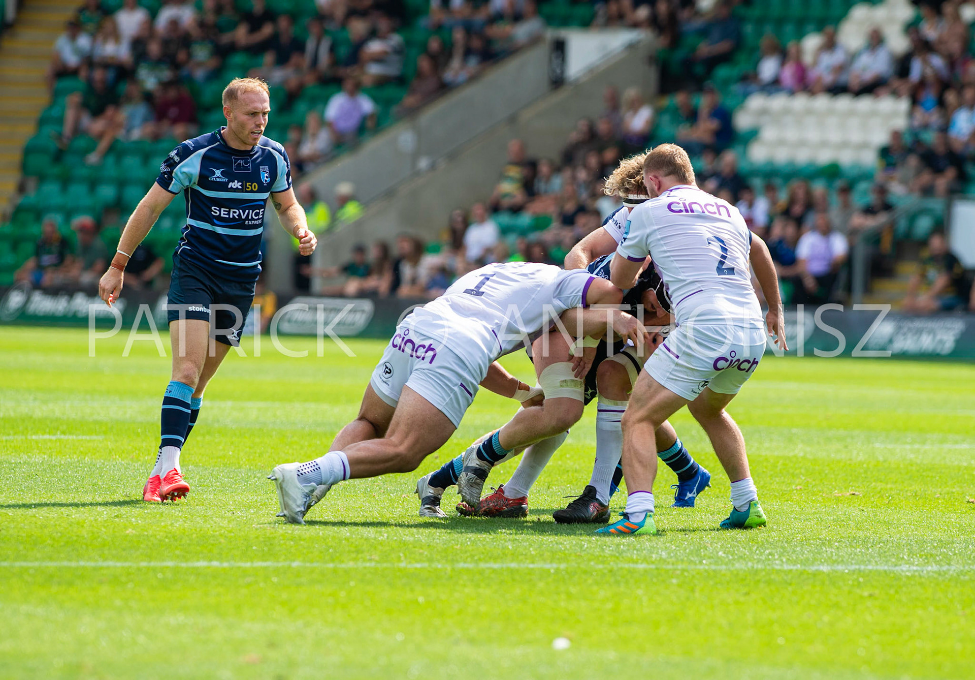 NORTHAMPTON, ENGLAND - August 27 : 2022  Luke Frost of Bedford blues is attack by Ethan Waller and Mikey Haywood of Northampton during the match between Northampton Saints and Bedford Blues  match at Franklin's Gardens on August 27  2022 in Northampton, England.