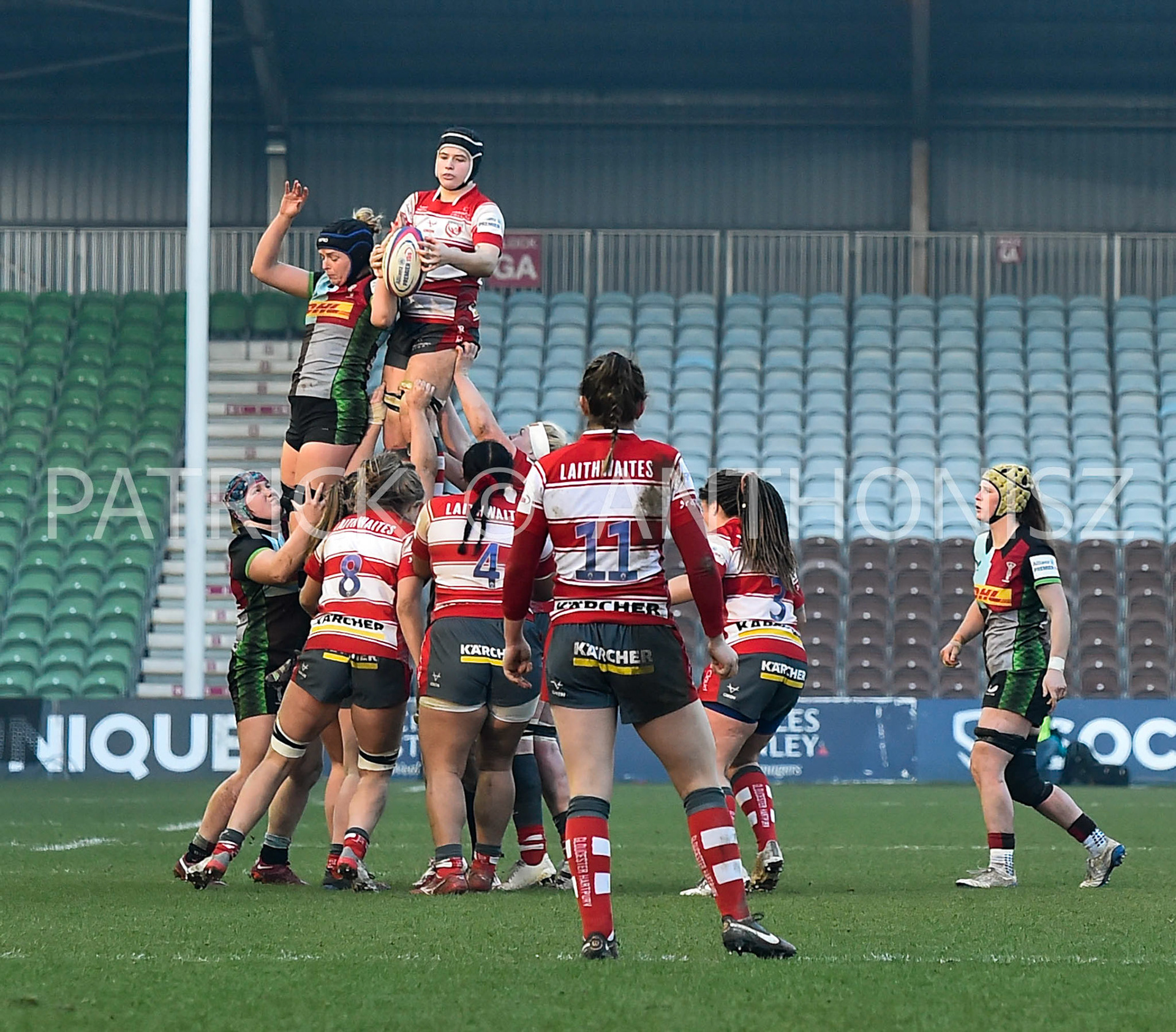 Twickenham Stoop, ENGLAND : Match action  during the Women's Allianz Premiership 15's match between Harlequins Vs Gloucester -  Hartpury  , Twickenham Stoop Stadium England 22-1-2023