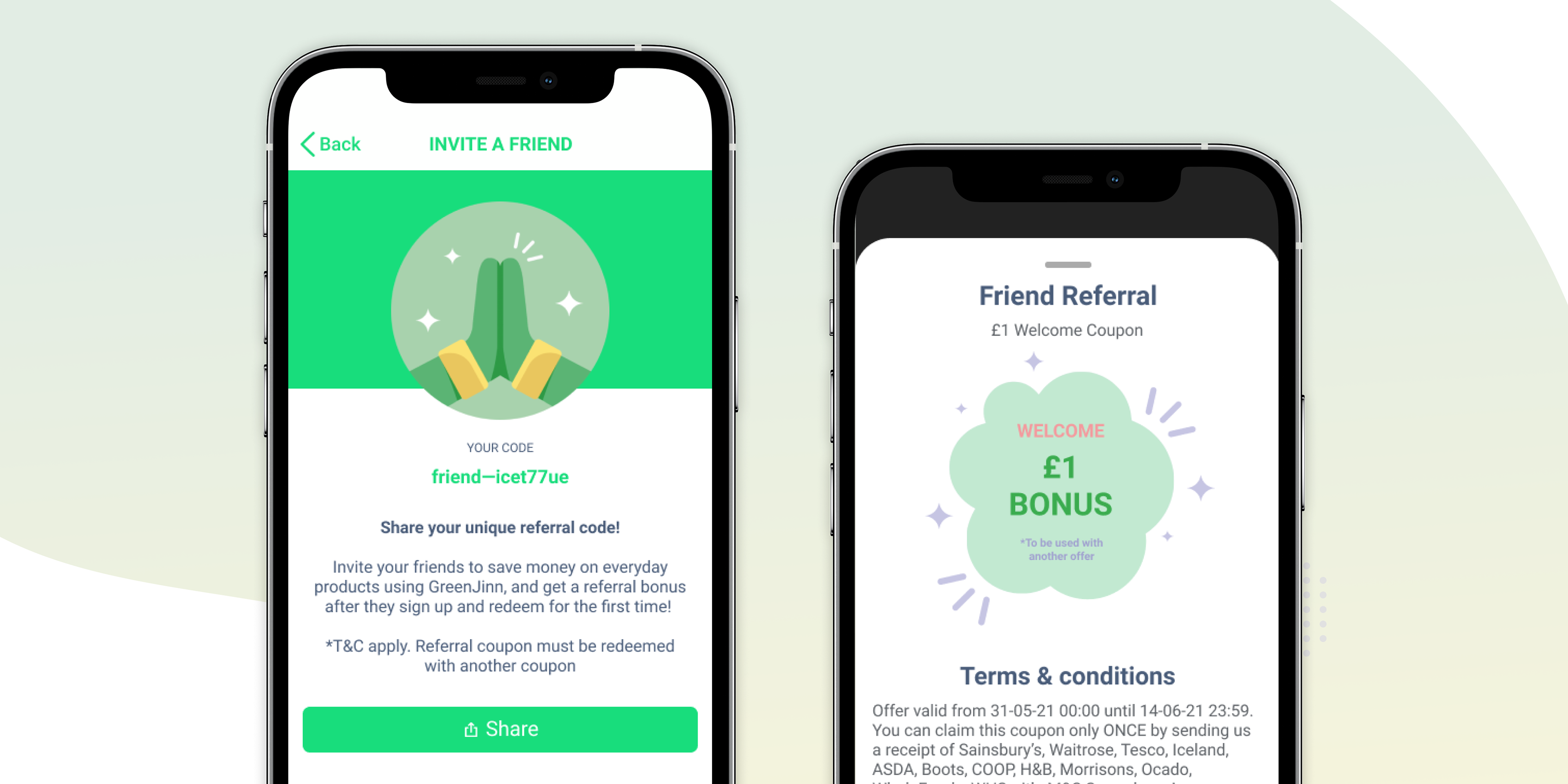 Two iOS mockup of GreenJinn app referral
