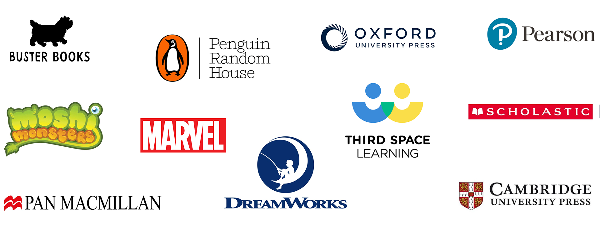 A client list of publishers and brands - Buster Books, Penguin, Moshi Monsters, Oxford University Press, Pearson, Scholastic, Marvel, DreamWorks, Pan Macmillan, Third Space Learning and Cambridge University Press