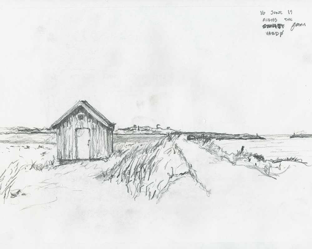 Norwegian road side structure in foreground of Barents Sea and island of Vardo, Norway behind with Peter Zumthor's Steilneset Minnested Witches Memorial on the island