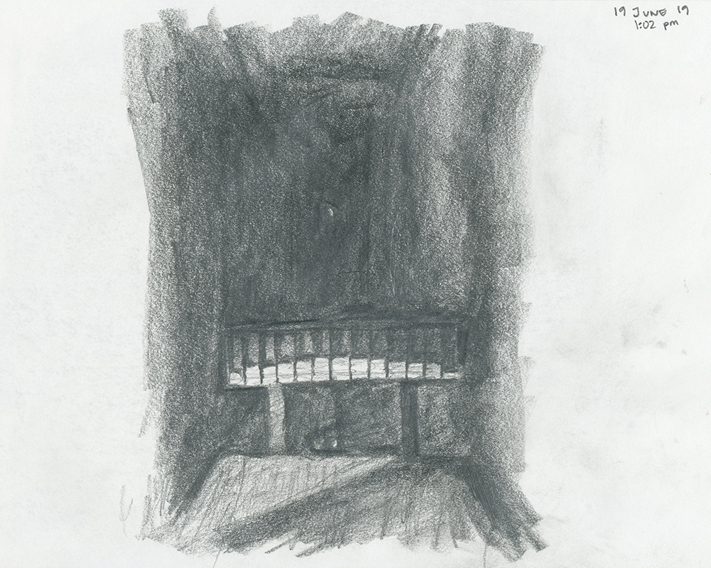 Steel stand of pamphlets in Steilneset Minnested by Peter Zumthor in Vardø, Norway in charcoal sketch by David Sweere