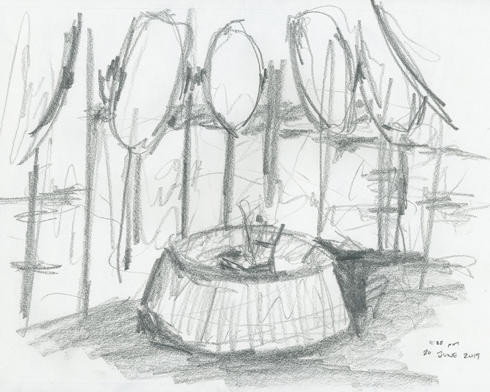 Louise Bourgeois sculpture The Damned, the Possessed and the Beloved in Vardø, Norway in charcoal sketch by David Sweere