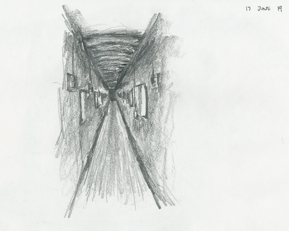 Elongated building interior of Steilineset Minnested by Peter Zumthor in charcoal sketch by David Sweere