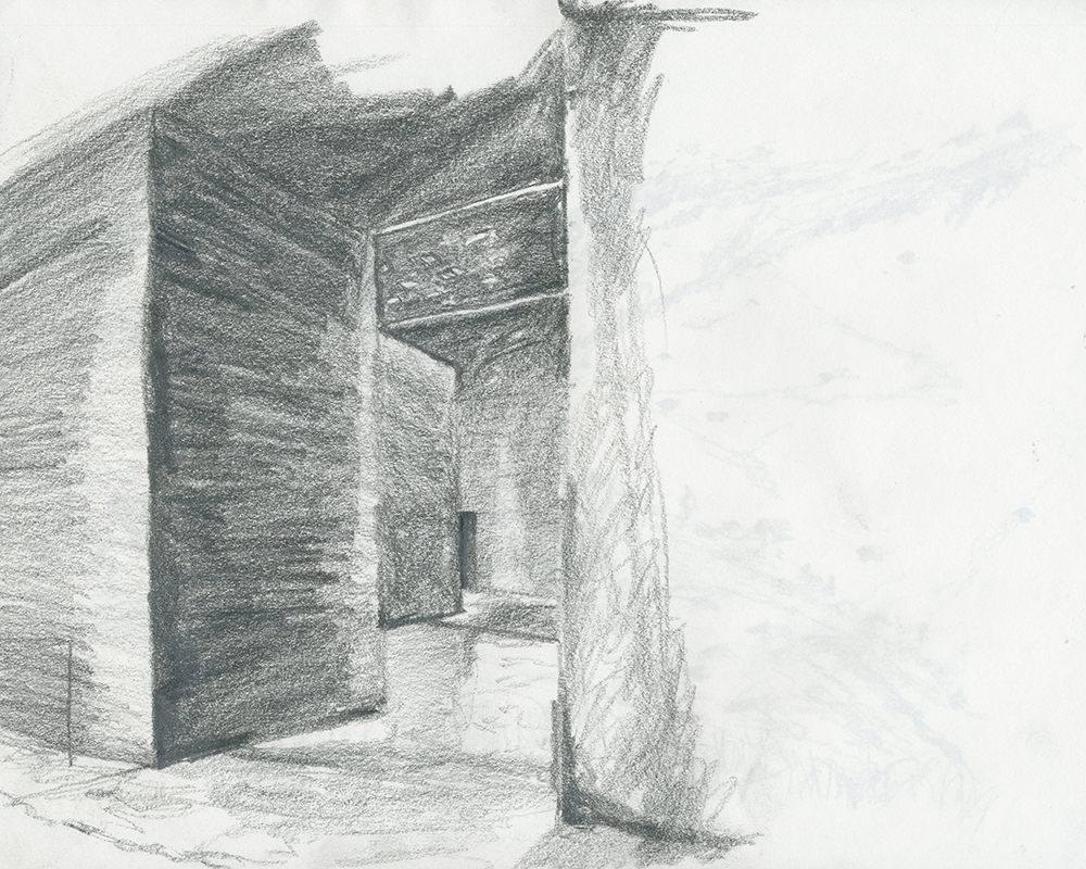 Therme Vals Interior Pool between stone volumes sketch by David Sweere
