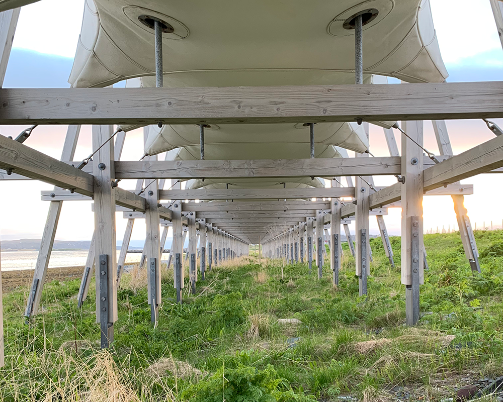 Underside of Steilneset Minnested scaffolding-like structure and canvas enclosure in Vardø, Norway
