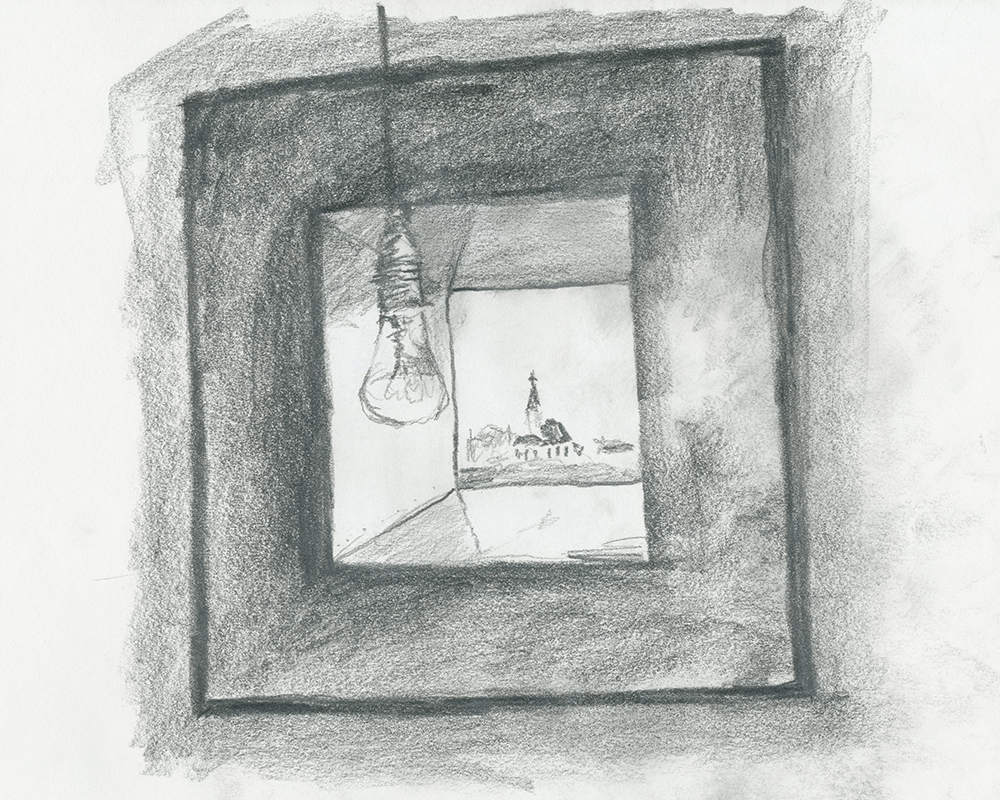 Steilineset Minnested window with hanging light bulb overlooking the Vardø cemetery and chapel in a charcoal sketch by David Sweere