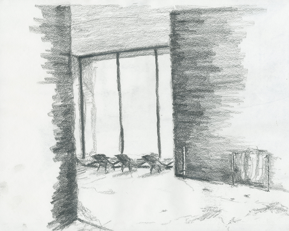 Therme Vals by Architect Peter Zumthor with three lounge chairs facing floor to ceiling window sketch by David Sweere