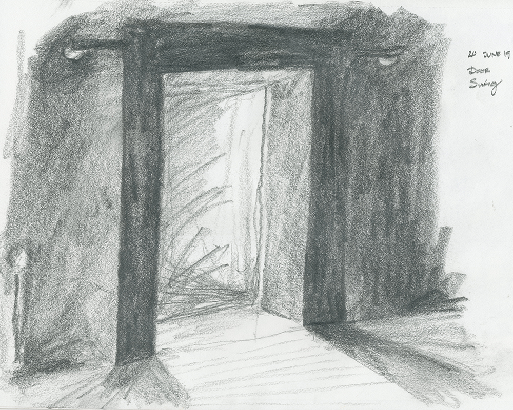 Swinging Door of Steilneset Minnested in charcoal sketch by David Sweere
