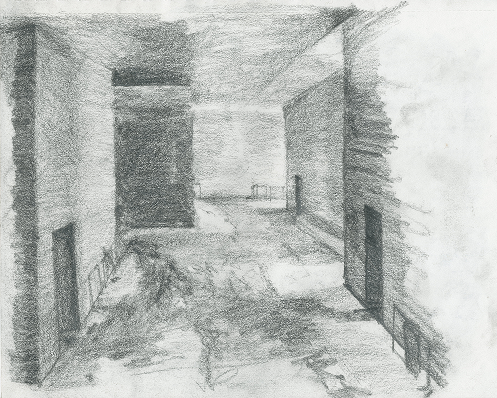 Therme Vals interior with wet footprints marking paths charcoal sketch by David Sweere