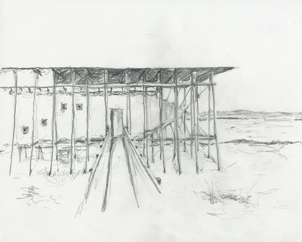 Entry ramp of Steilneset Minnested scaffolding-like structure with canvas enclosure in front of the Barents Sea in Vardø, Norway in charcoal sketch by David Sweere