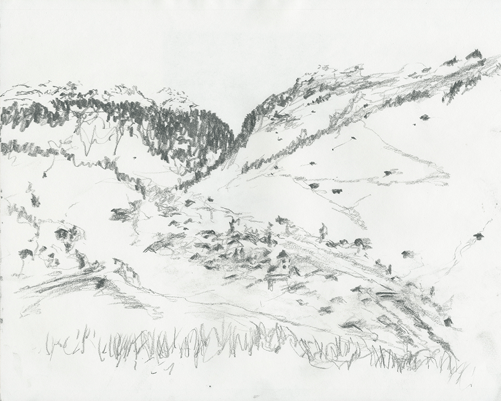Valley of Vals, Switzerland between snow capped mountains in charcoal sketch by David Sweere