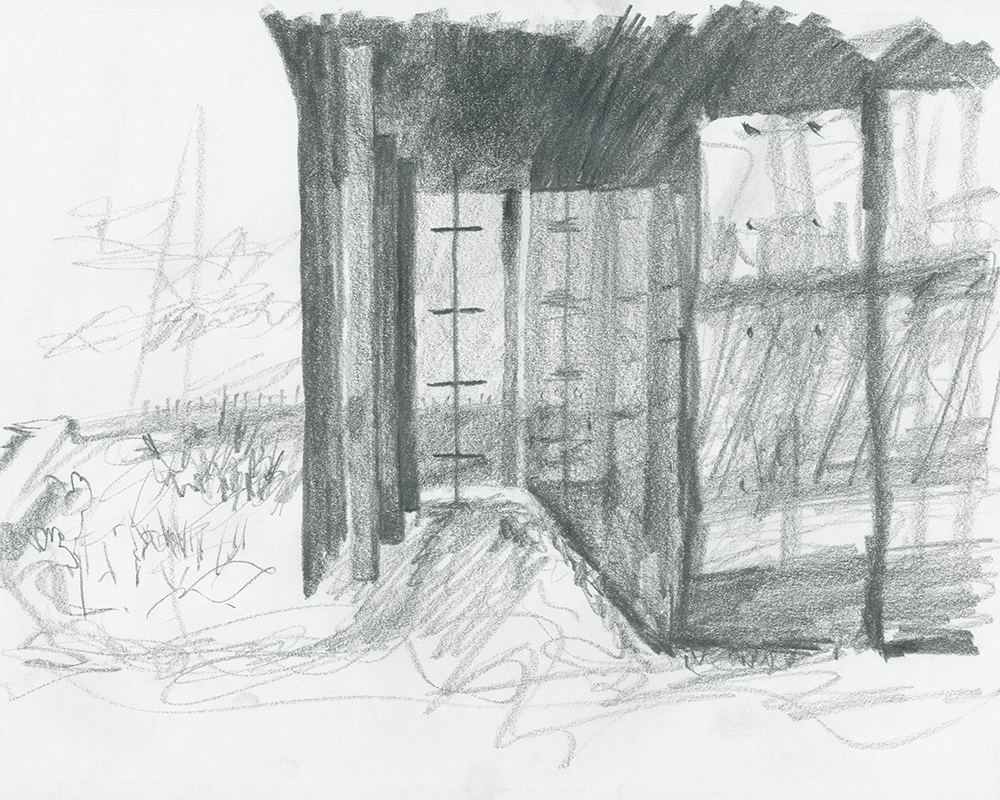 Entry into Louise Bourgeois and Peter Zumthor's Steilneset Minnested witches memorial Glass Pavilion in charcoal sketch by David Sweere