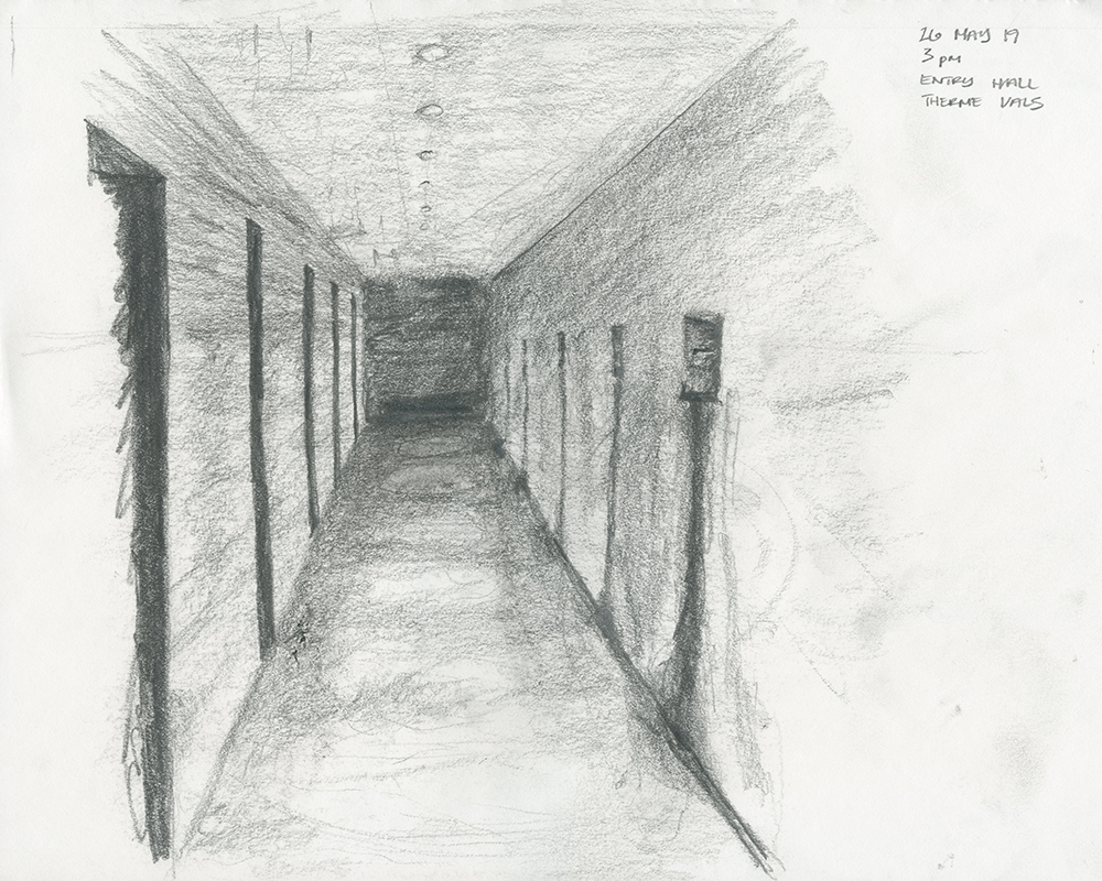 entry portal and fountain hall at Therme Vals by Architect Peter Zumthor sketch in charcoal by David Sweere