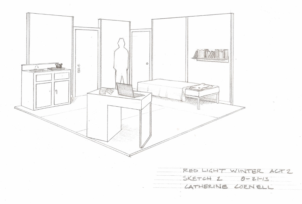 Red Light Winter Sketch : Changeover between shows done within 90 minutes. Walls flip to opposite side. New carpet laid out.