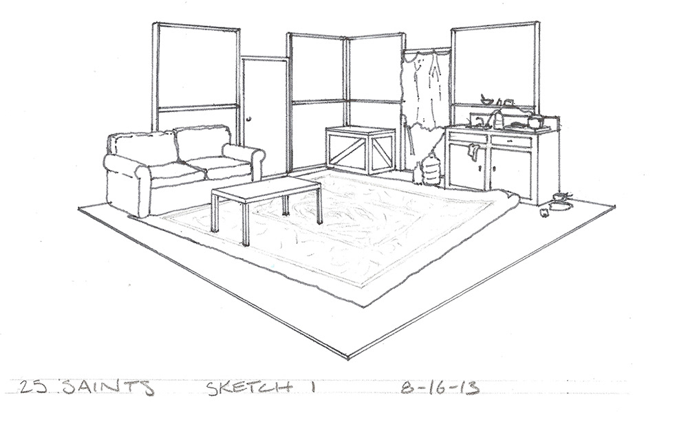 25 Saints Sketch : Changeover between shows done within 90 minutes. Walls flip to opposite side. New carpet laid out.