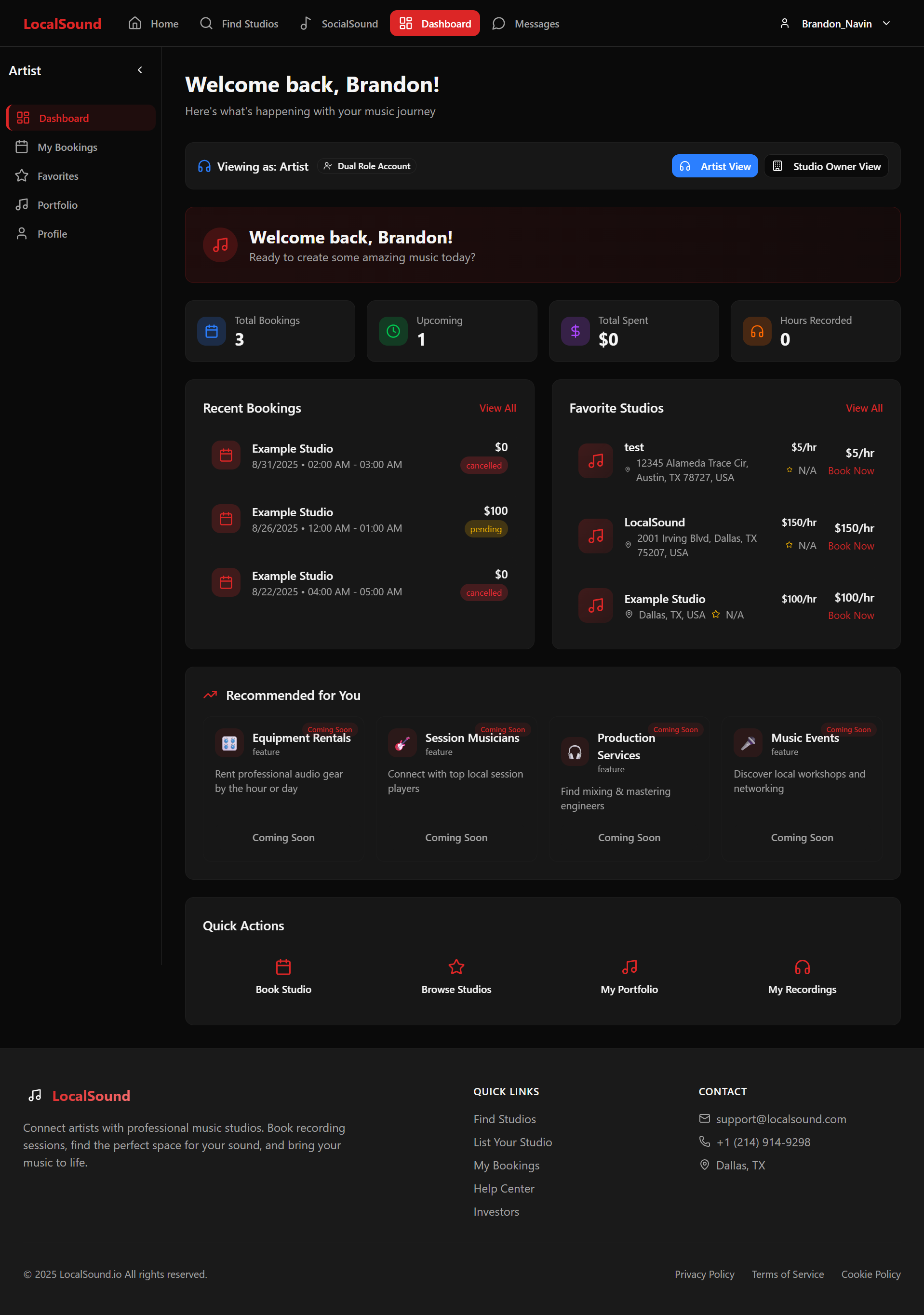 artist dashboard (dual role account for artists who want to rent out their personal studios)