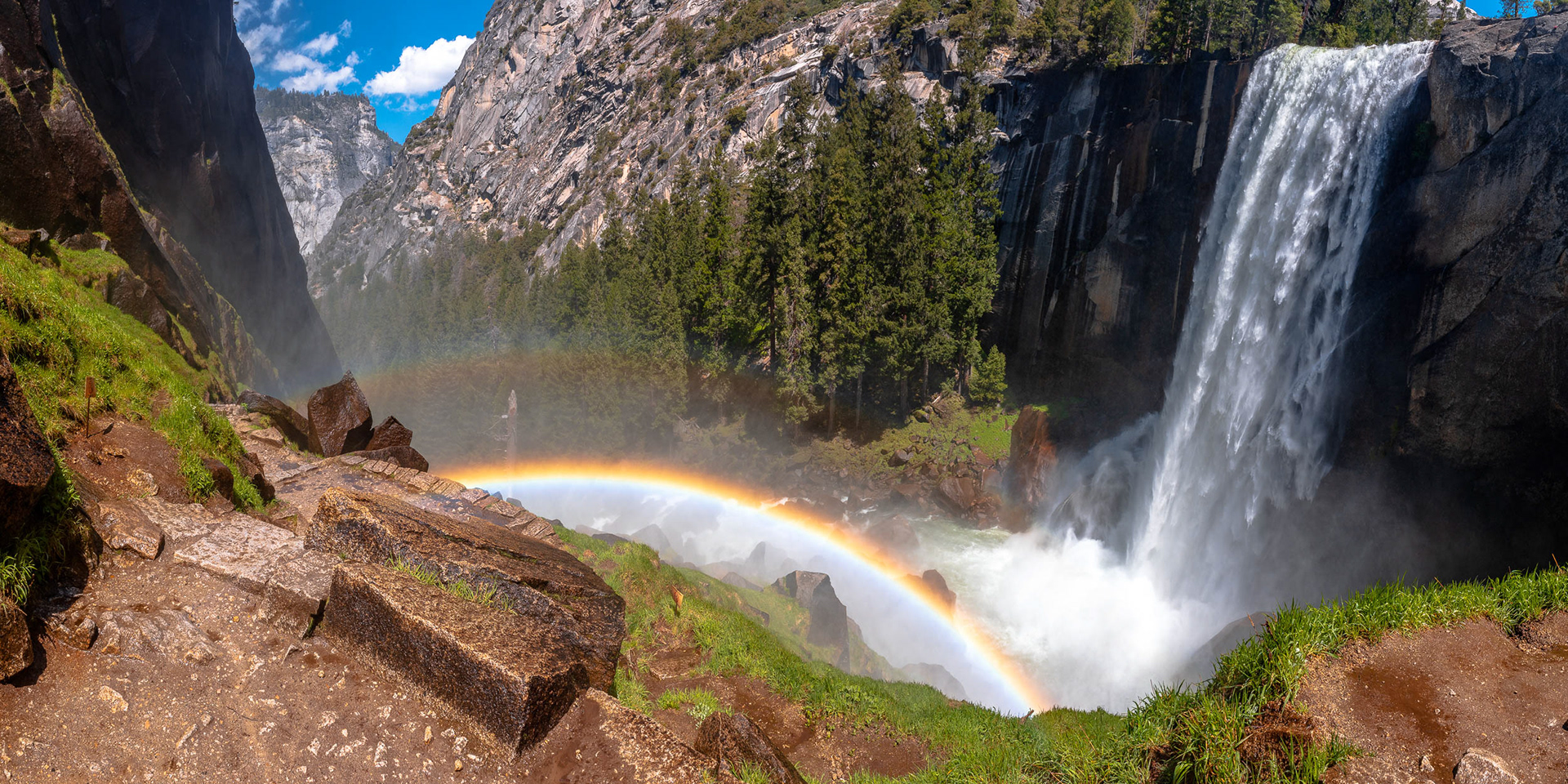 Mist Trail Waterfall with Rainbow Below