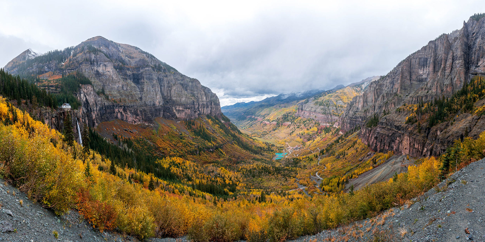 Autumn Panorama Overlooking Telluride with Bridalveil Falls on the Left
