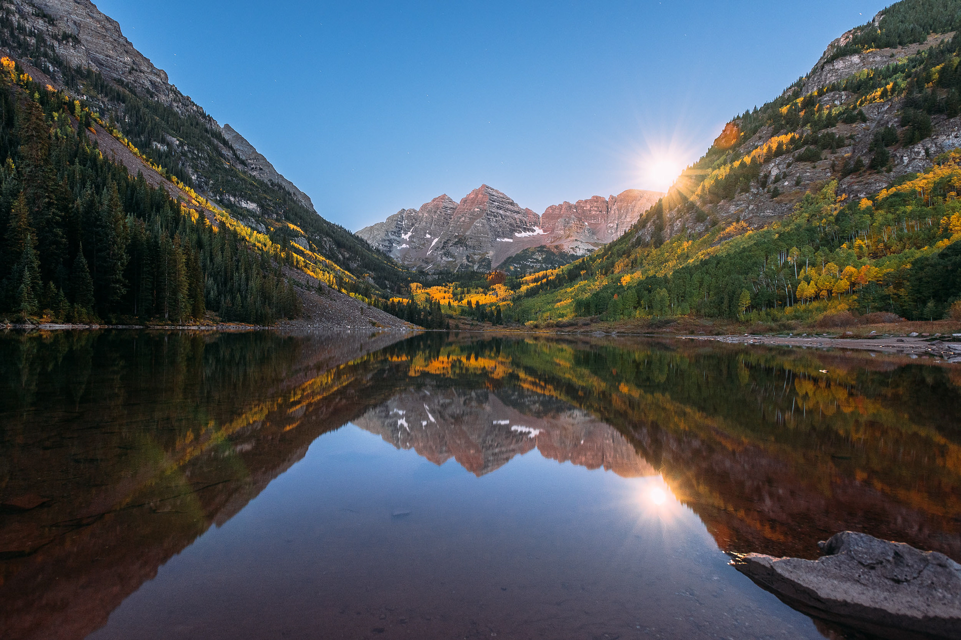 Moon Setting Above Maroon Bells Just Before Sunrise