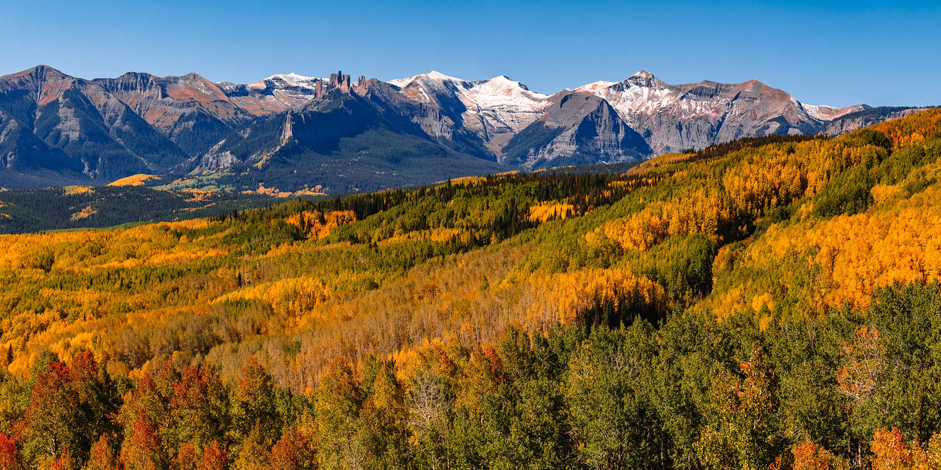 Large Aspen Stands on Hills in Front of Mountain Range