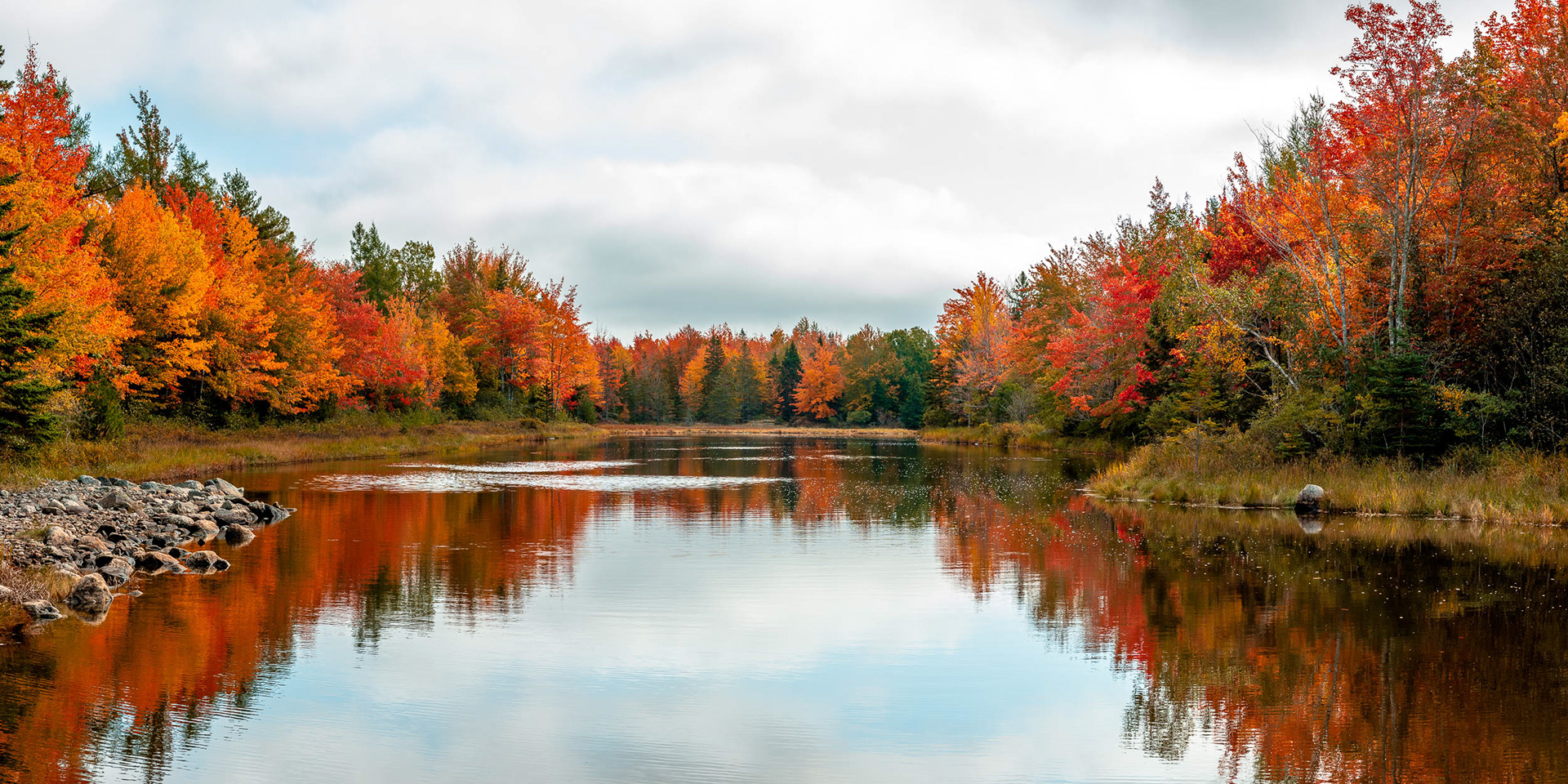 Vibrant Autumn Reflection on Maine River