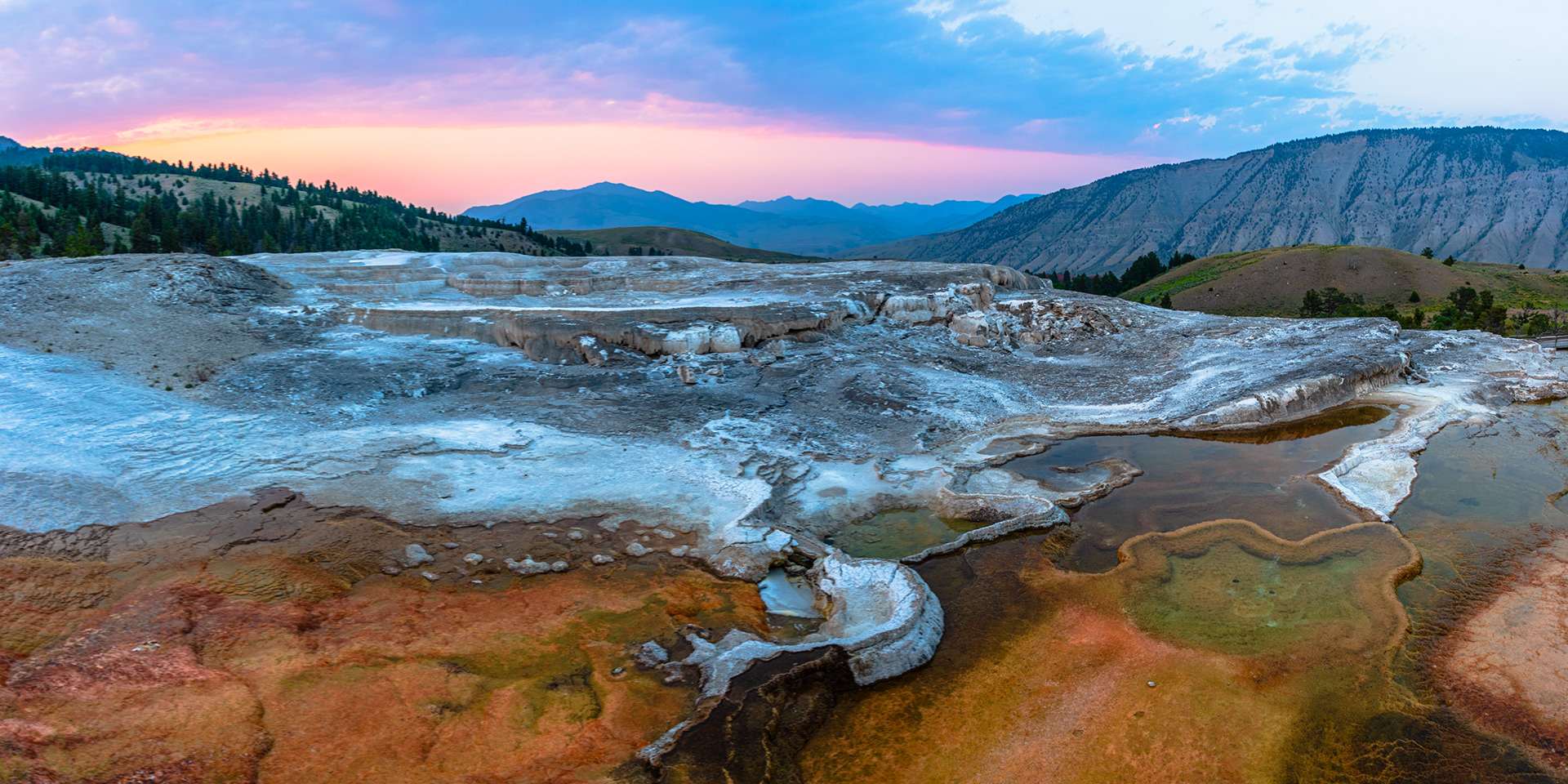 Minerva Spring and Terrace Sunset Panorama