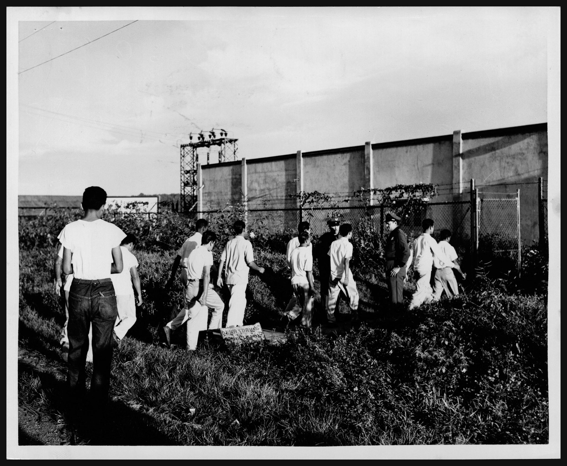 Policía protege obreros que, en medio de huelga, decidieron reintegrarse a su labor.Febrero 23, 1954